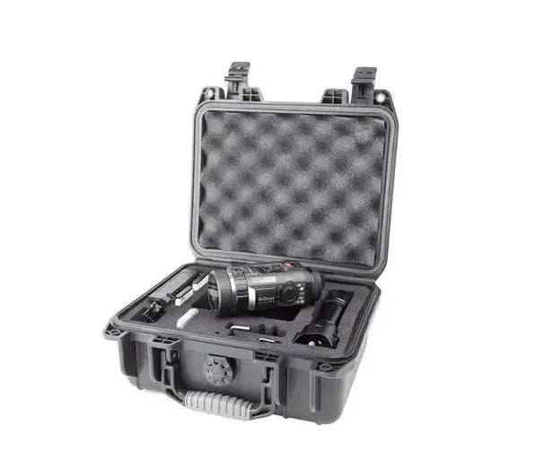 Open protective case containing the SiOnyx Aurora Pro with foam compartments