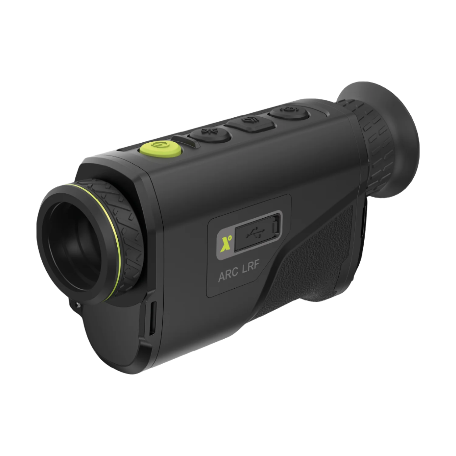 Angled view emphasizing lens housing and LRF port on the Pixfra Arc monocular.