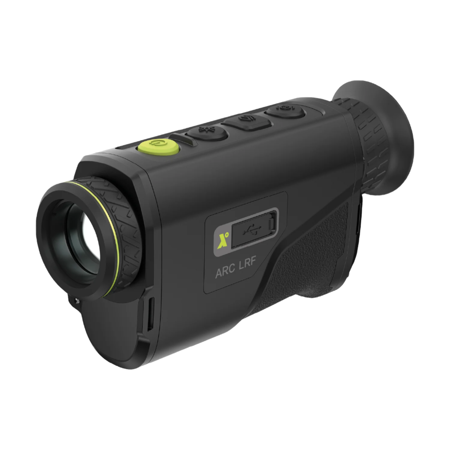 Angled view emphasizing lens housing and LRF port on the Pixfra Arc monocular.