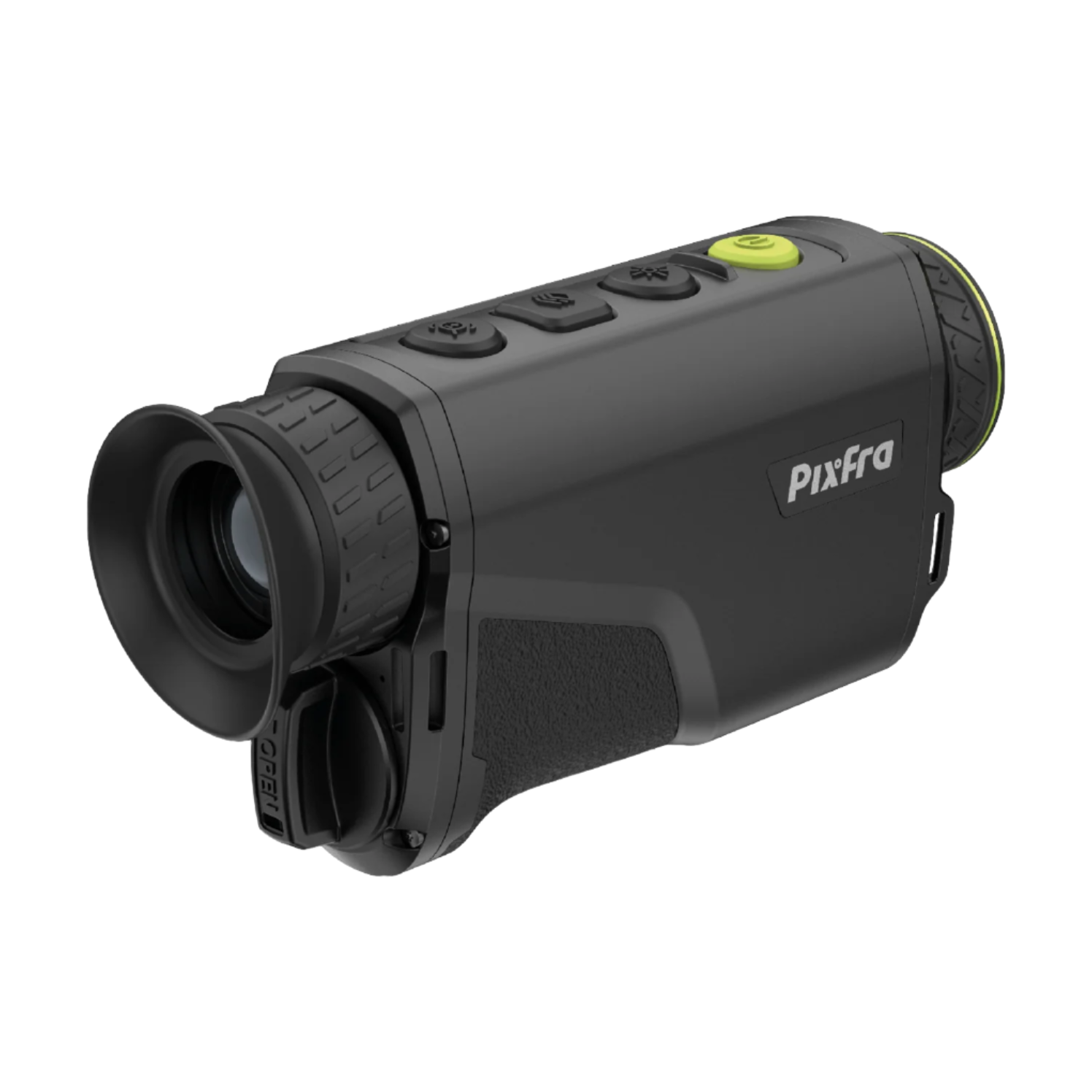 Left-side angled view of the Pixfra Arc Thermal Monocular showing eyepiece and side branding.