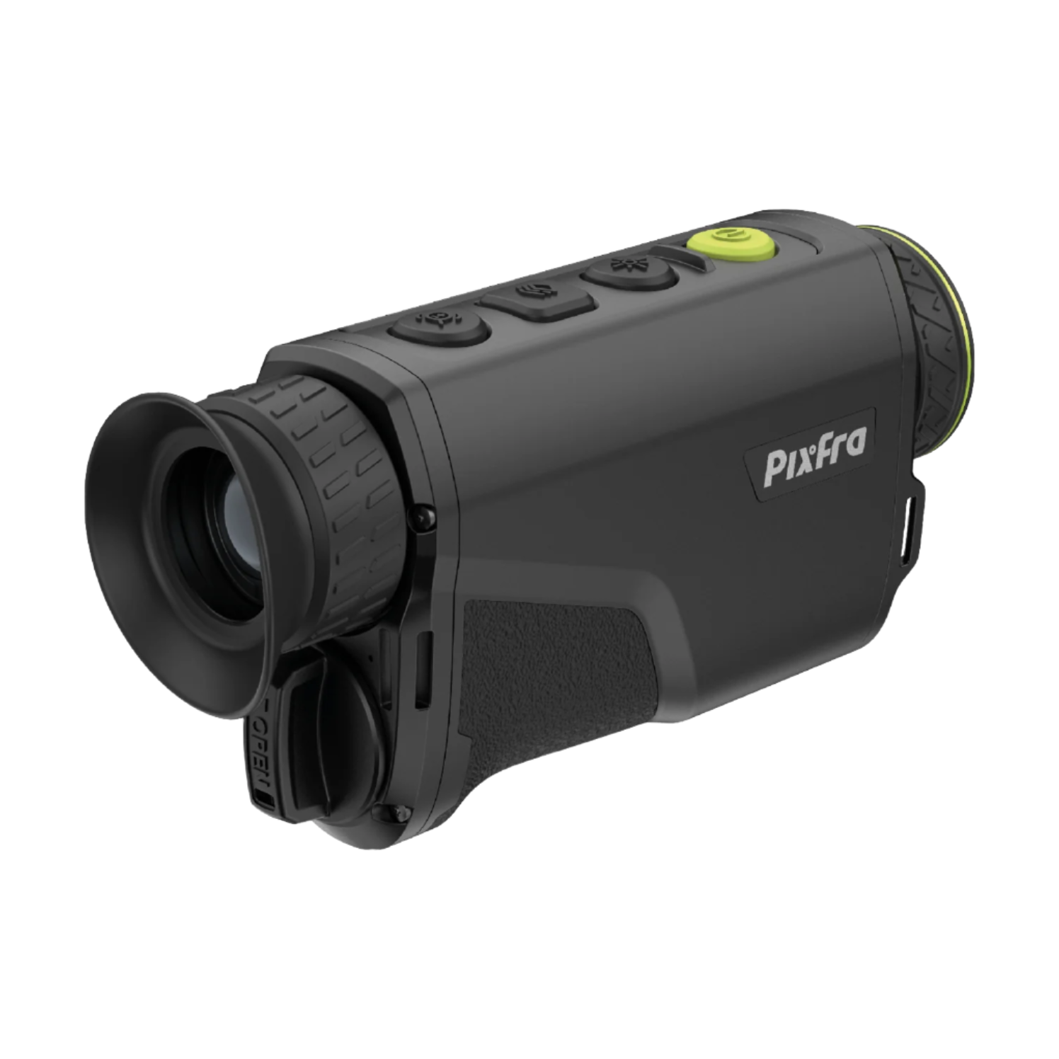 Left-side angled view of the Pixfra Arc Thermal Monocular showing eyepiece and side branding.
