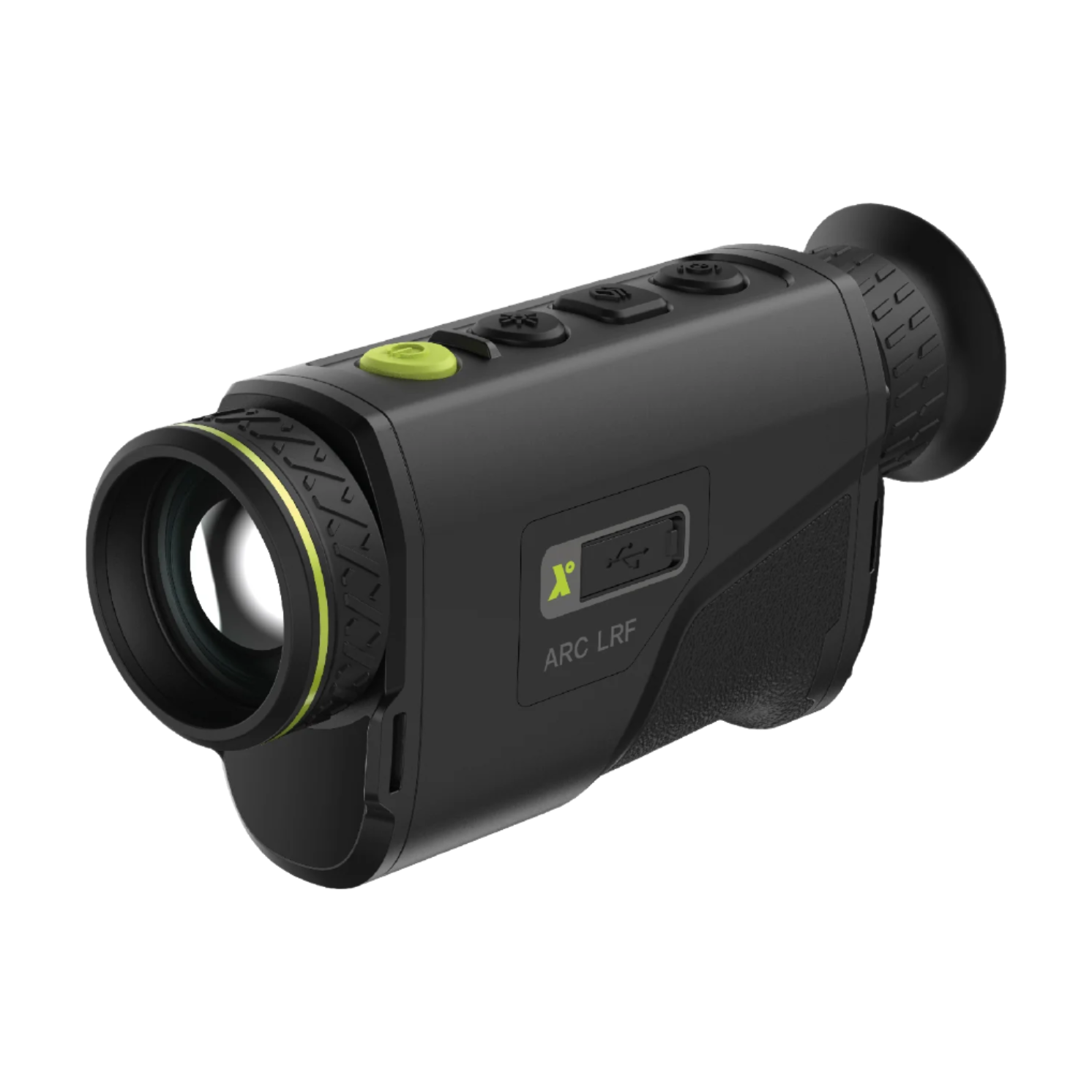 Angled view emphasizing lens housing and LRF port on the Pixfra Arc monocular.