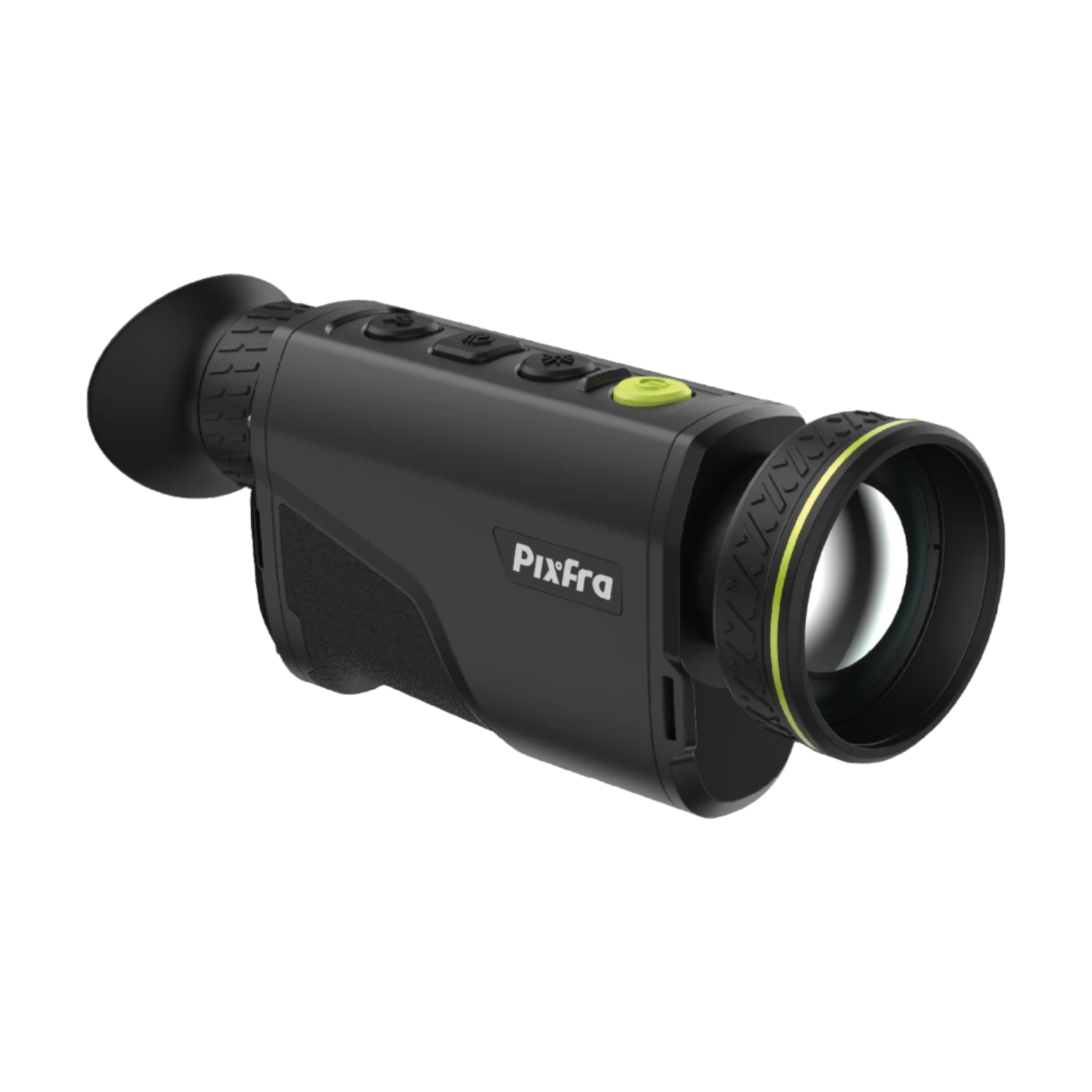 Rear-right angled view of the Pixfra Arc LRF with eyepiece and top-mounted controls visible.