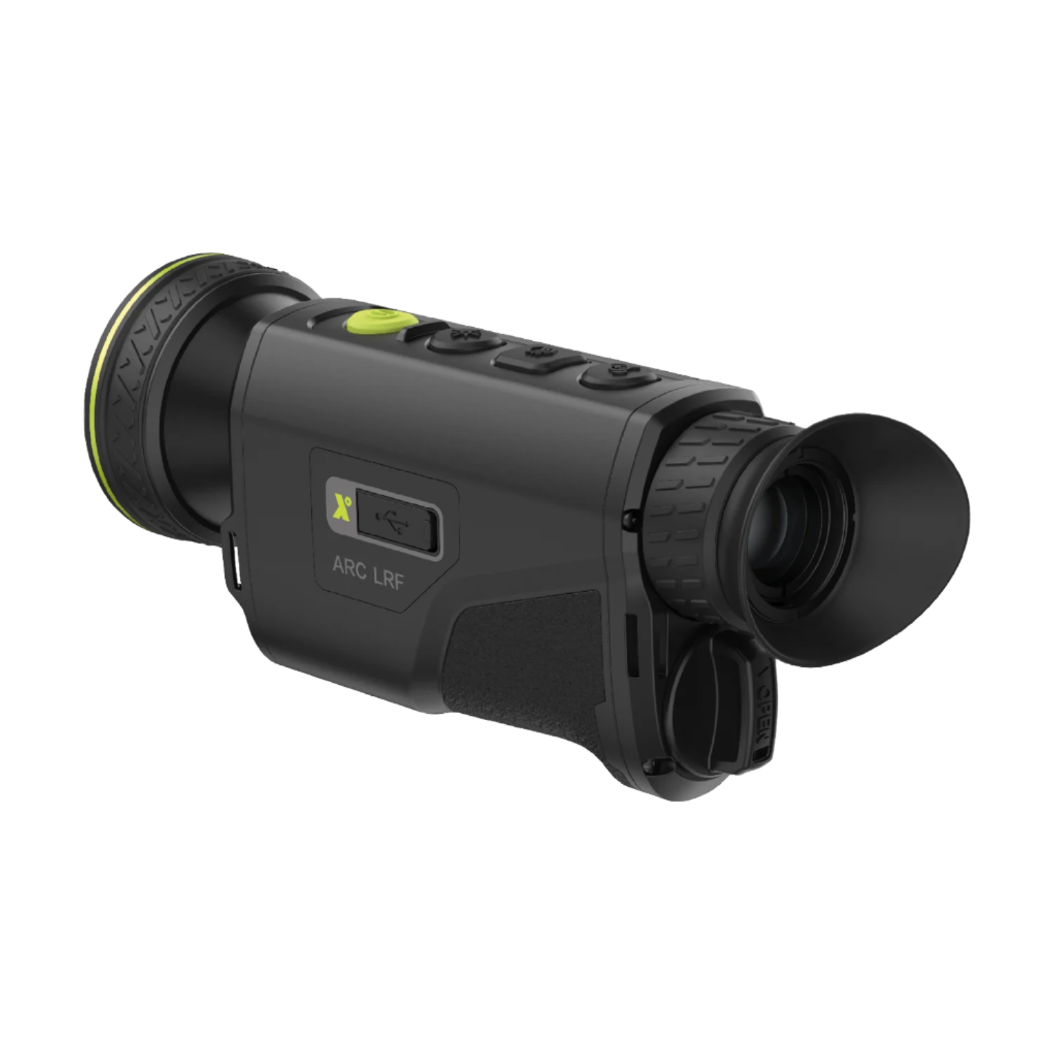 Rear-right view showing the ARC LRF label and sleek contours of the monocular body.