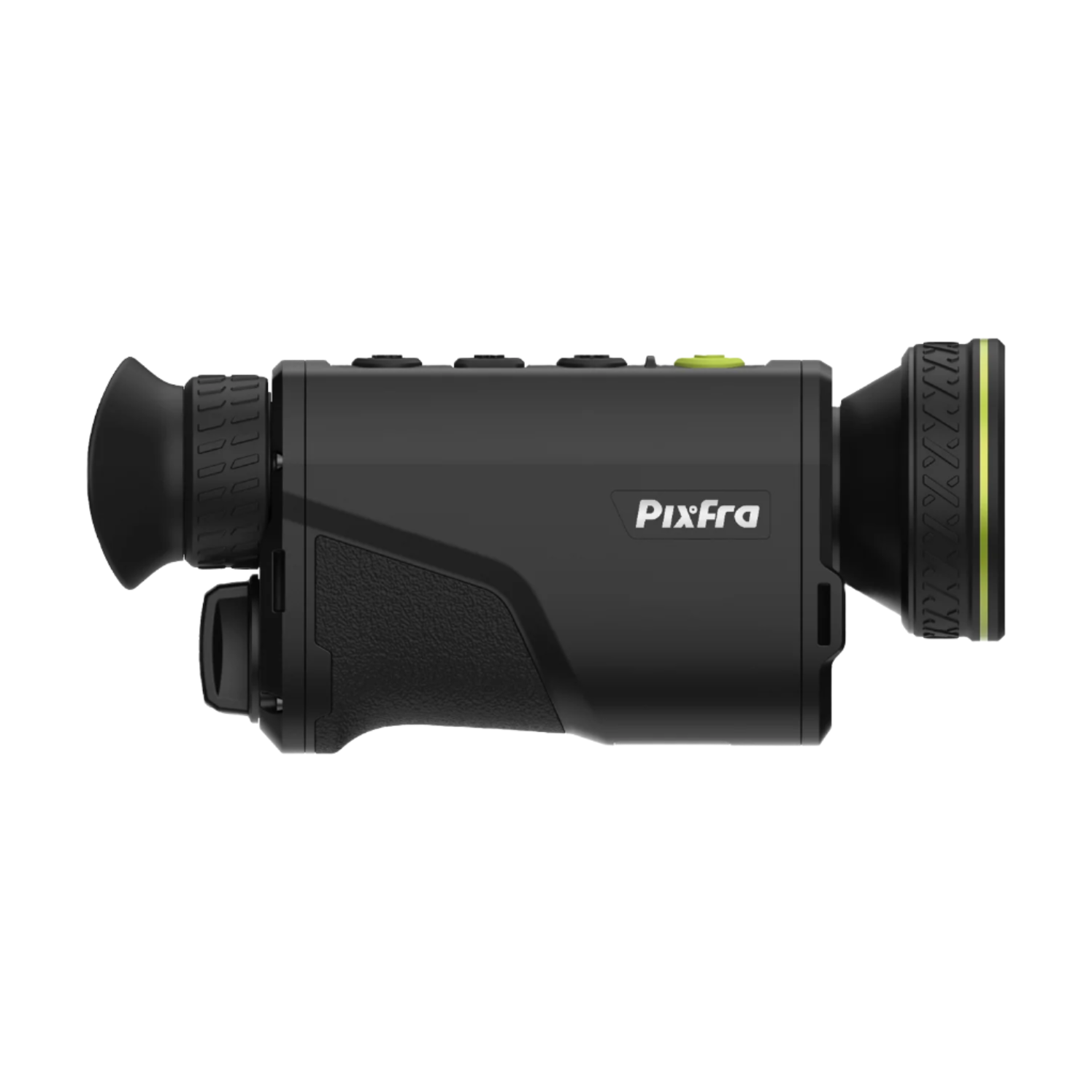 Right-facing side profile of the Pixfra Arc LRF with branding and control buttons clearly displayed.