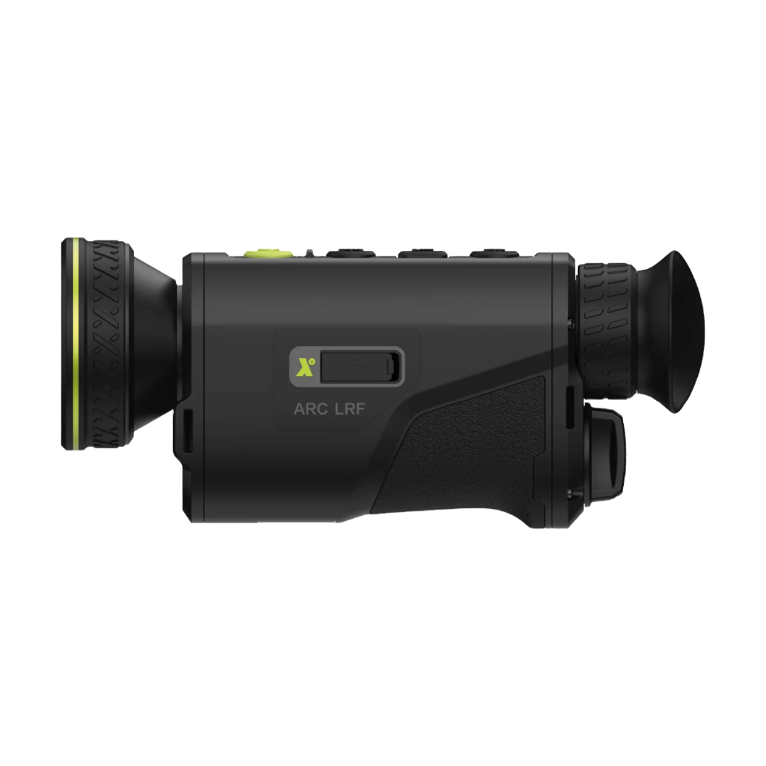 Left-facing side profile of the Pixfra Arc LRF with branding and control buttons clearly displayed.