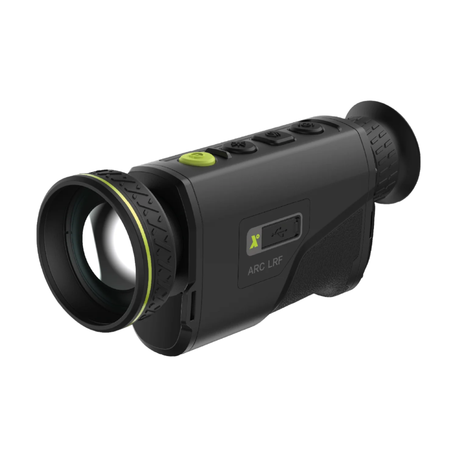 Angled front-left view of the Pixfra Arc LRF Thermal Monocular showing large objective lens and ergonomic grip.