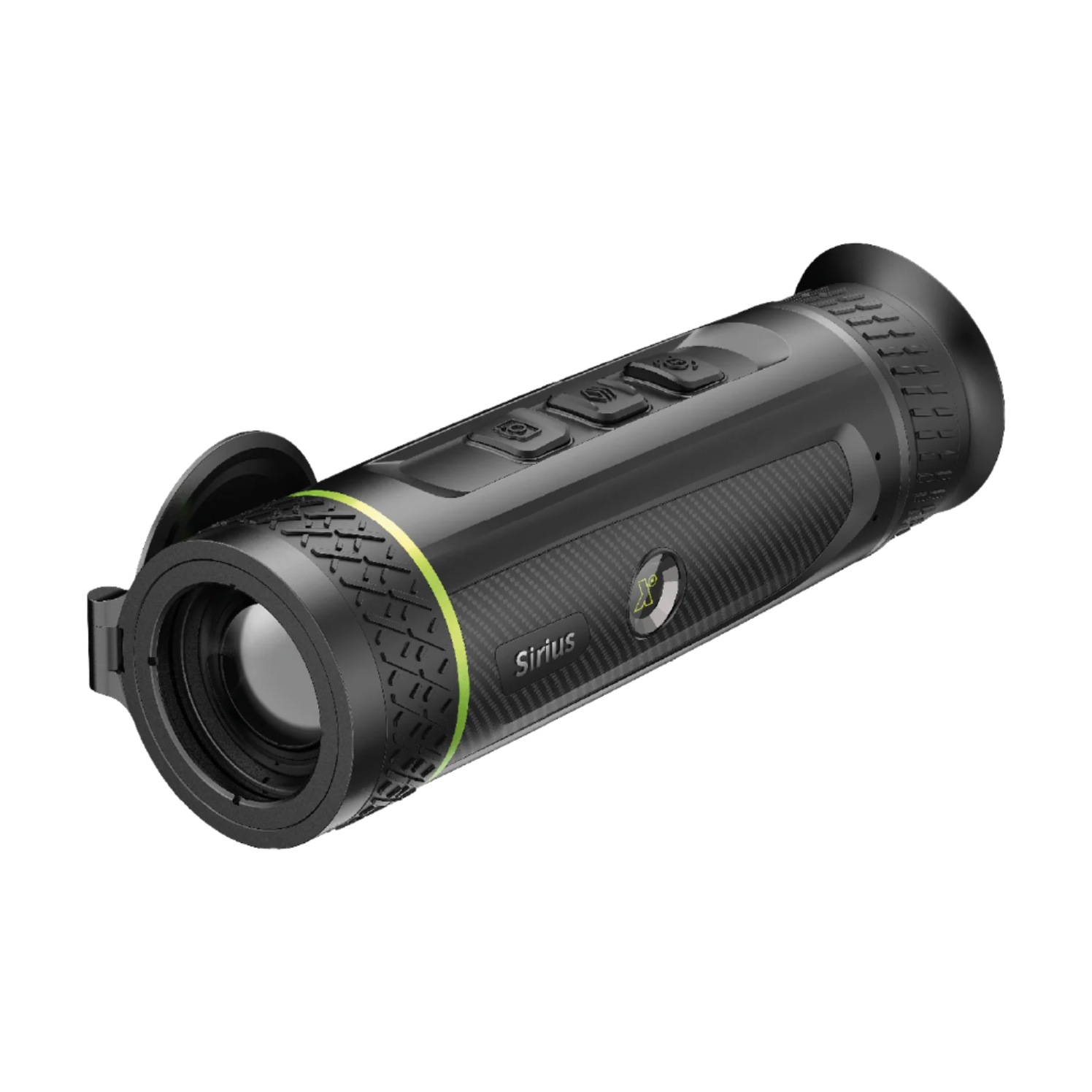 Angled left-side view of the Pixfra Sirius Thermal Monocular showing textured grip, lens housing, and control buttons along the top.