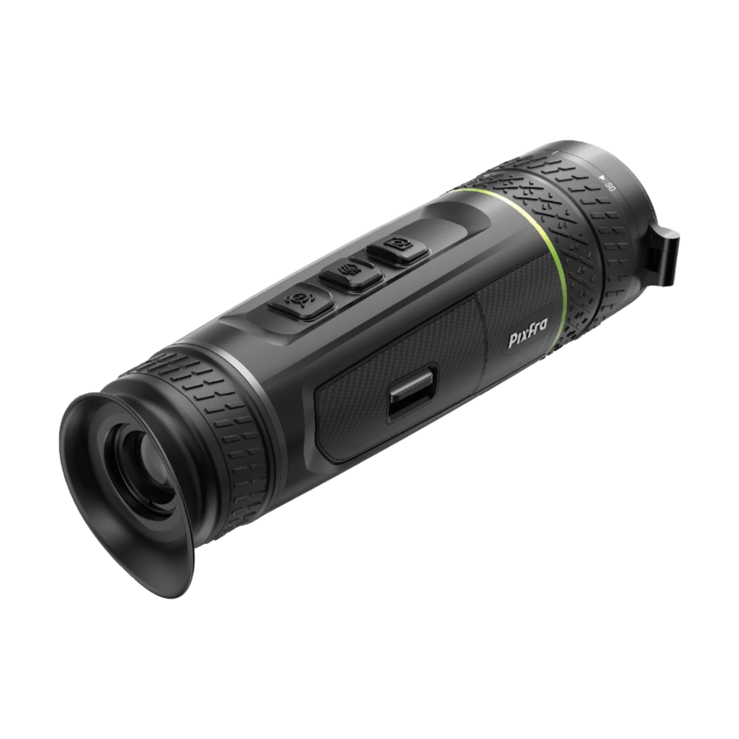 Rear side view of the Pixfra Sirius Thermal Monocular showing the eyepiece, control buttons, side USB port, and Pixfra branding on the textured grip panel.