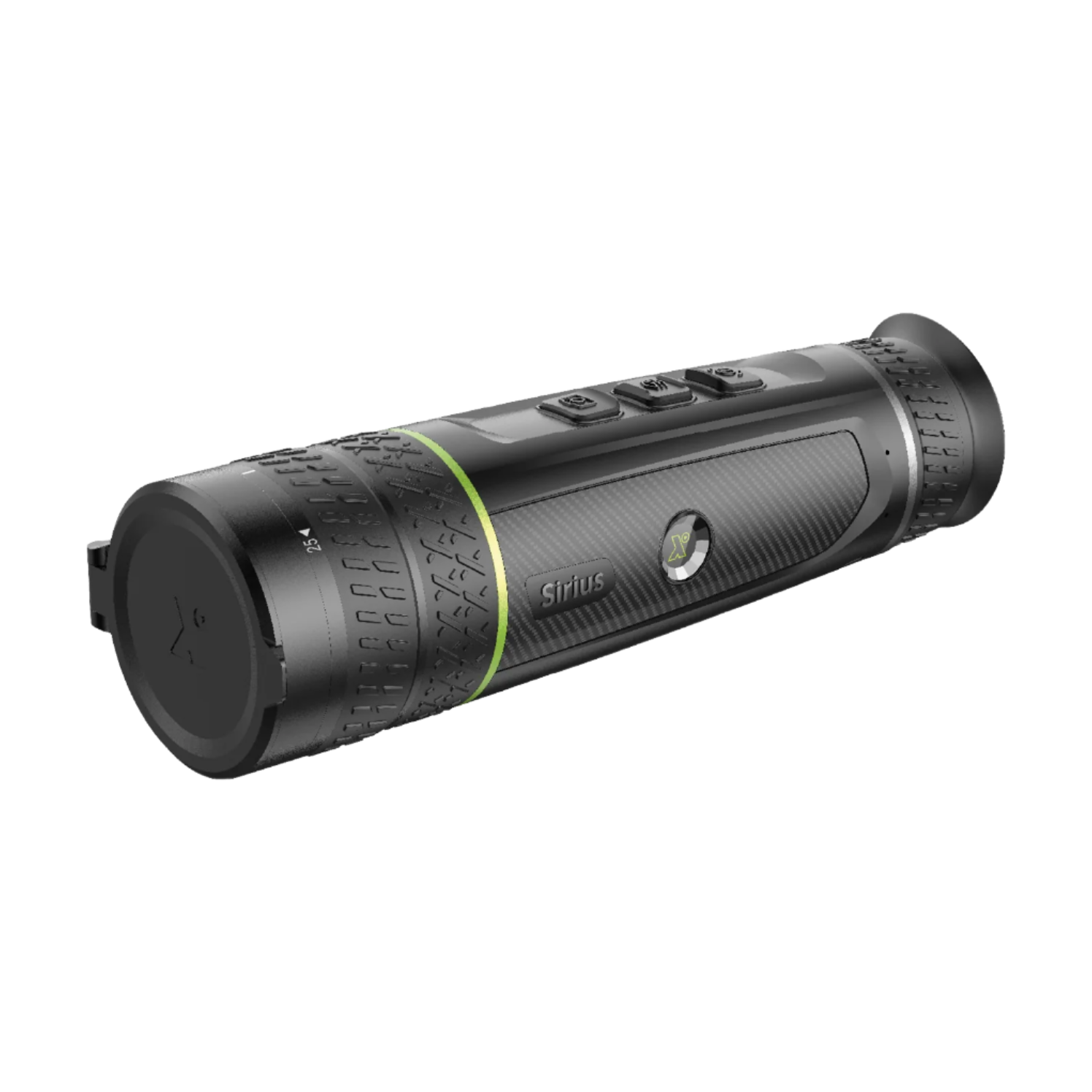 Rear angled view of the Pixfra Sirius Thermal Monocular, showing the closed lens cap, textured rubber grip, side branding, and control buttons along the top.