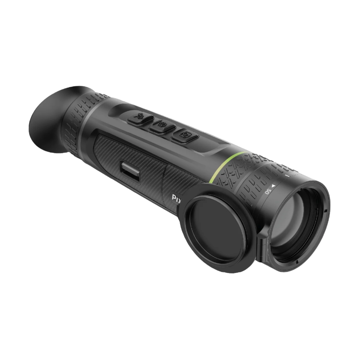 Front angled view of the Pixfra Sirius Thermal Monocular with the lens cap open, highlighting the lens, top control buttons, textured grip, and side USB port.