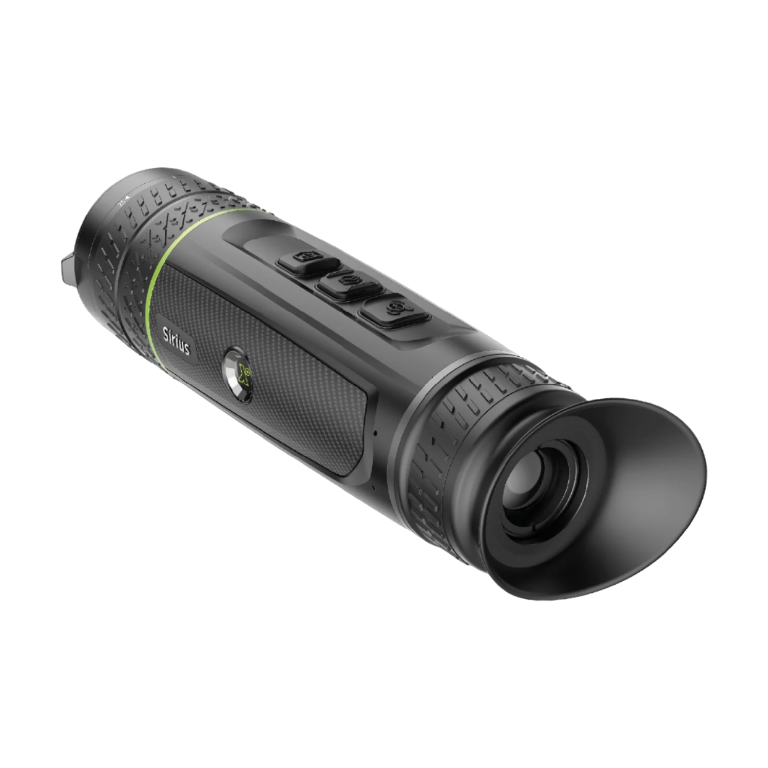 Rear angled view of the Pixfra Sirius Thermal Monocular highlighting the eyepiece, control buttons, side Sirius and XP branding, and ergonomic grip design.