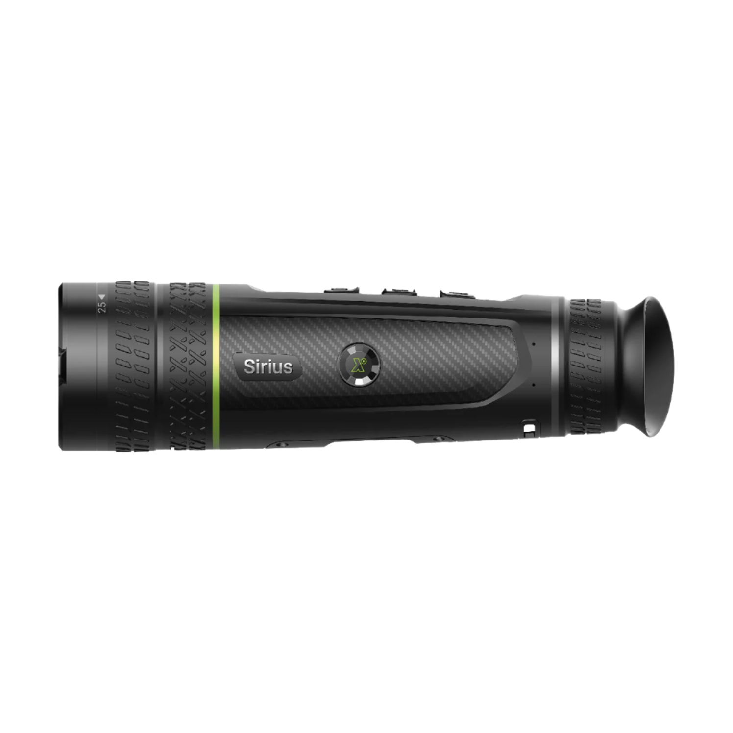 Side view of the Pixfra Sirius Thermal Monocular displaying the Sirius logo, central function button, and carbon-textured grip on the main body.
