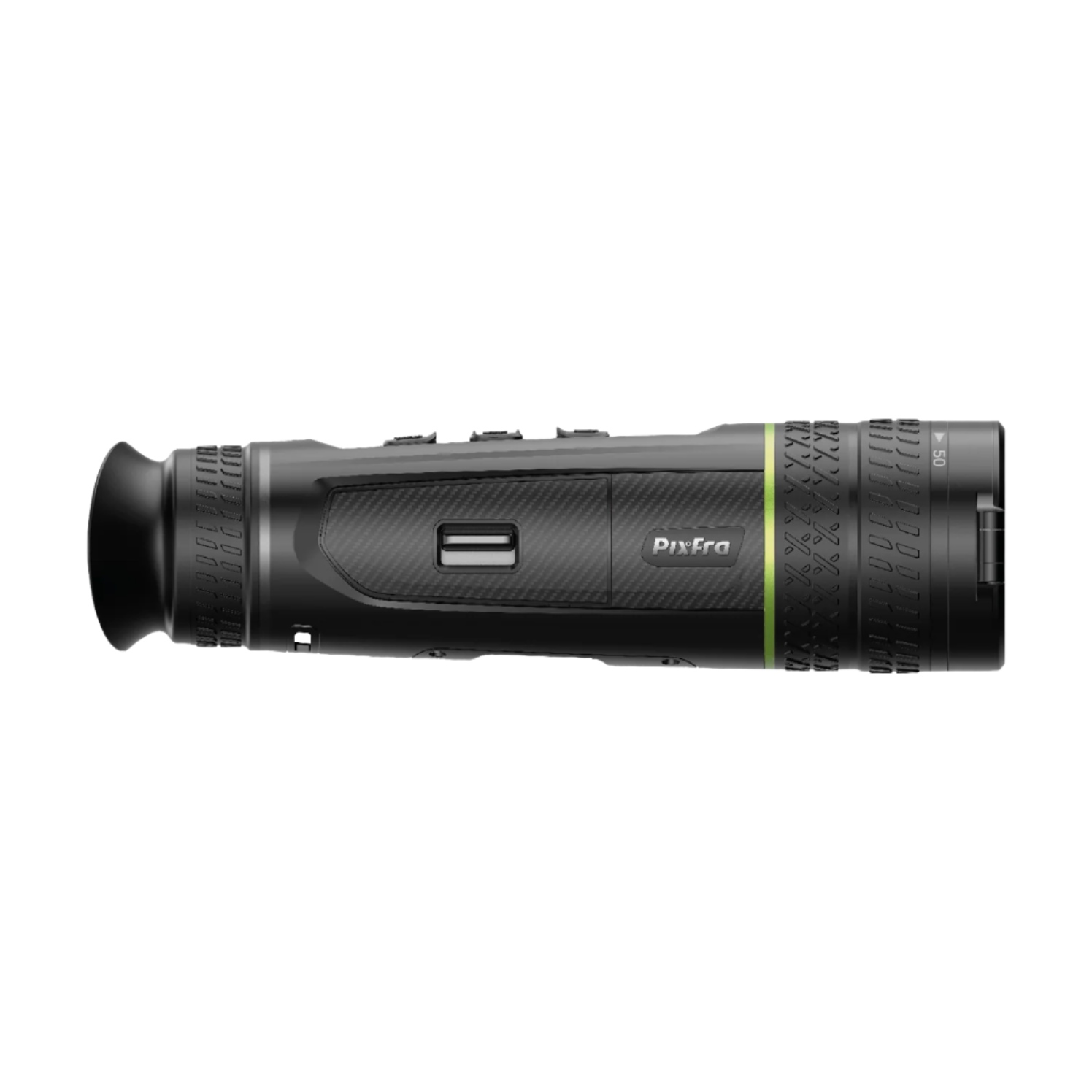 Side profile of the Pixfra Sirius Thermal Monocular showing the USB port, Pixfra logo, and textured grip along the body and focus ring.