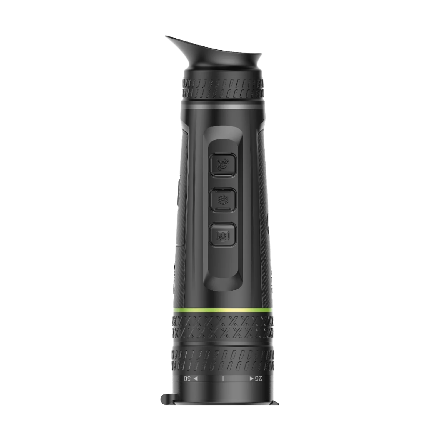Top-down view of the Pixfra Sirius Thermal Monocular highlighting the three main control buttons and detailed grip texture on the focusing ring.