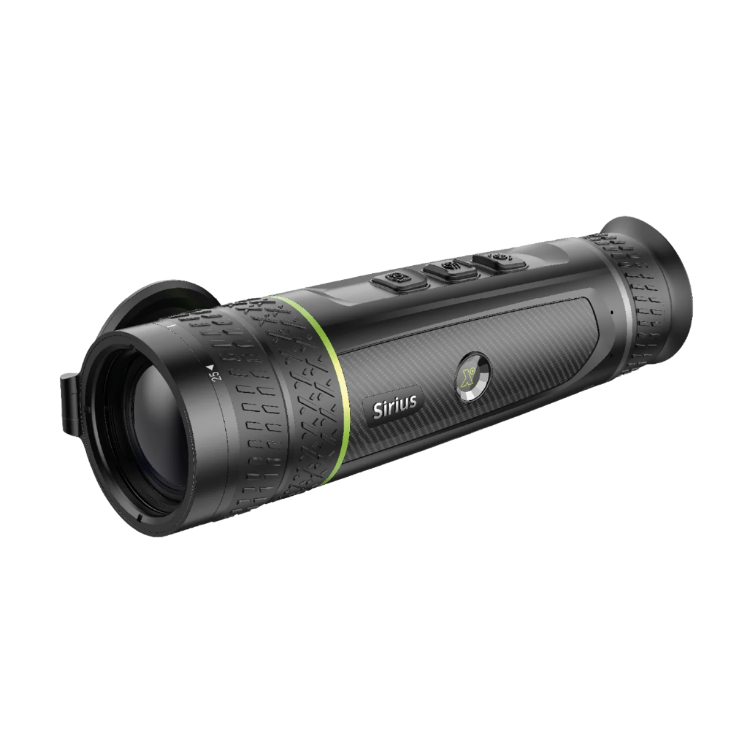 Side view of the Pixfra Sirius Thermal Monocular showing the lens, textured grip, side Sirius and XP branding, and top-mounted control buttons.