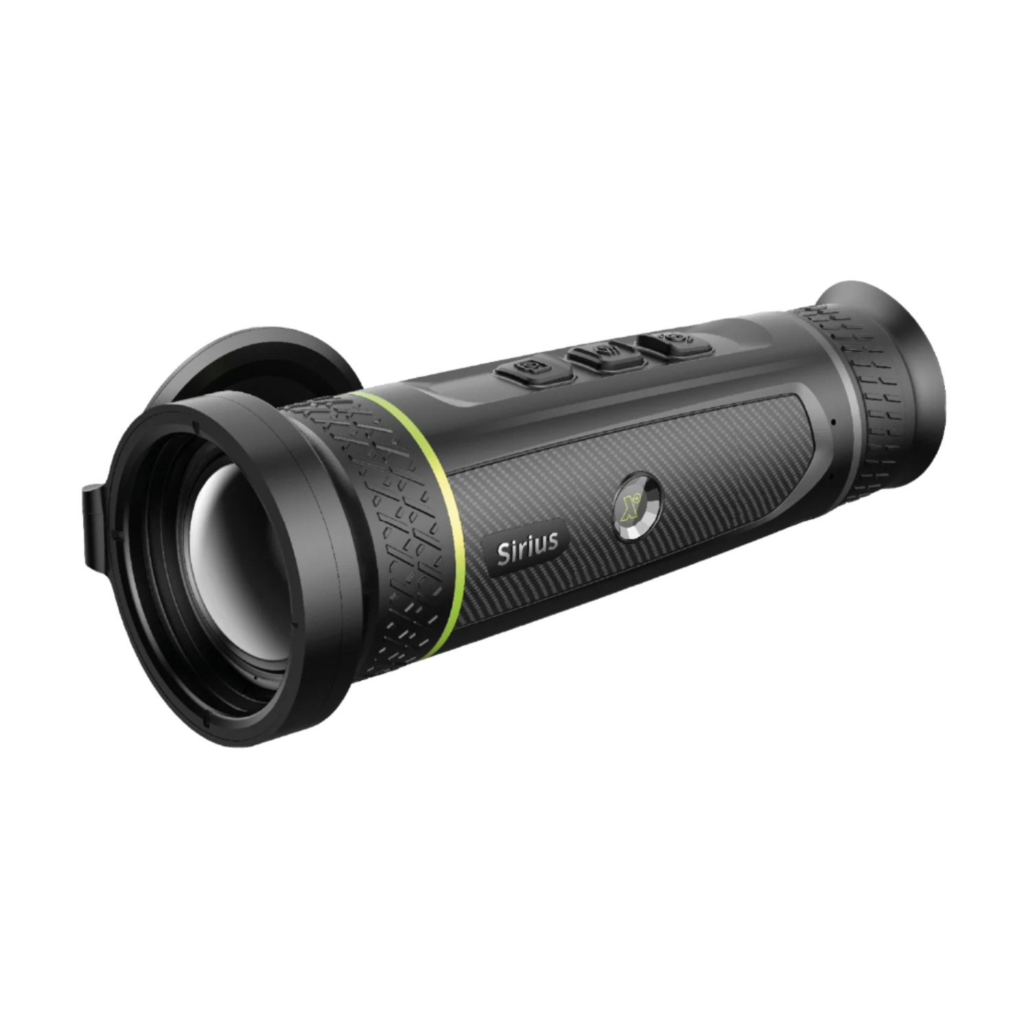 Angled side view of the Pixfra Sirius Thermal Monocular, featuring a textured grip, three control buttons on top, and a front lens with protective cap partially open.