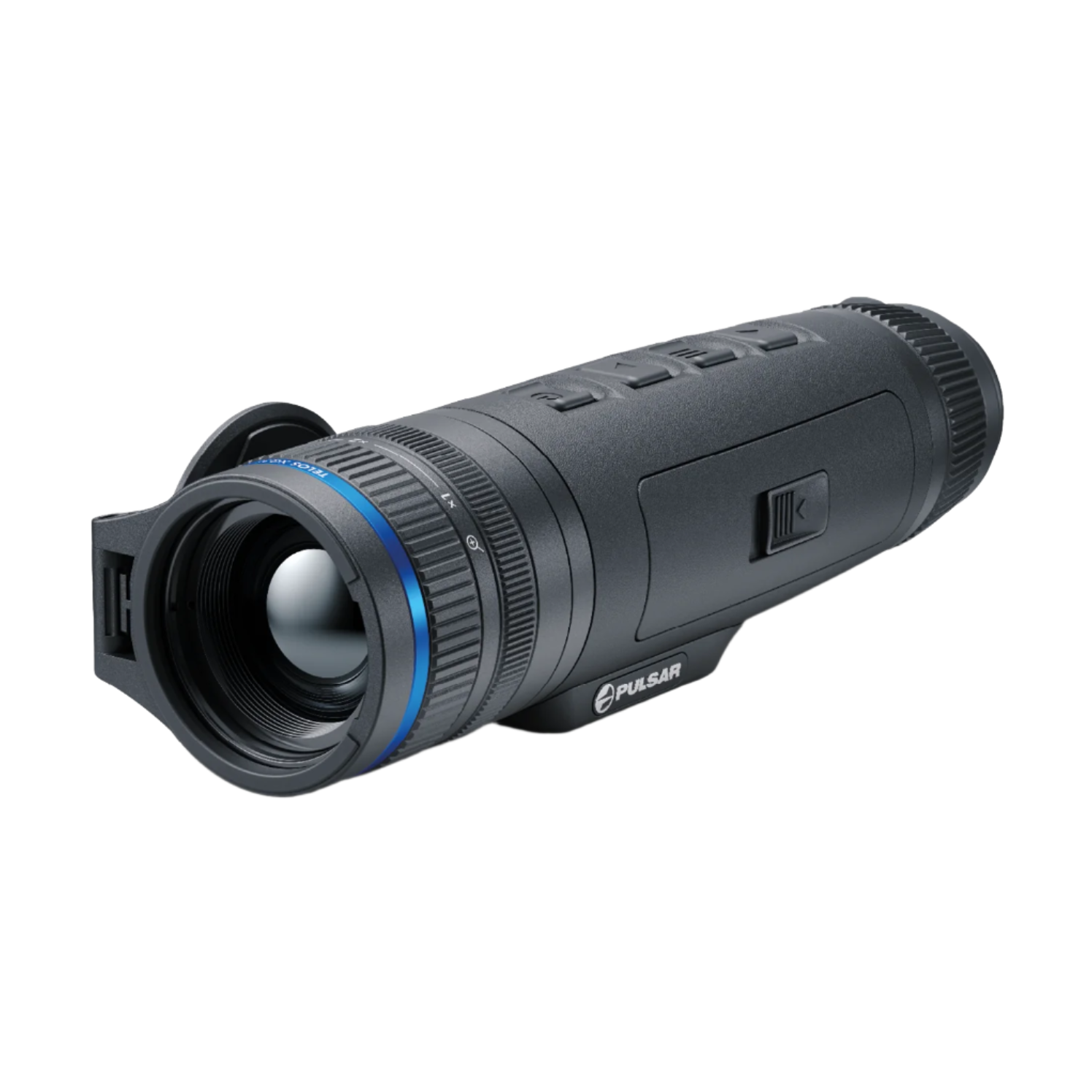 Angled front-left view of the Pulsar Telos LRF XP50 thermal monocular showcasing the objective lens, control panel, and integrated laser rangefinder module.
