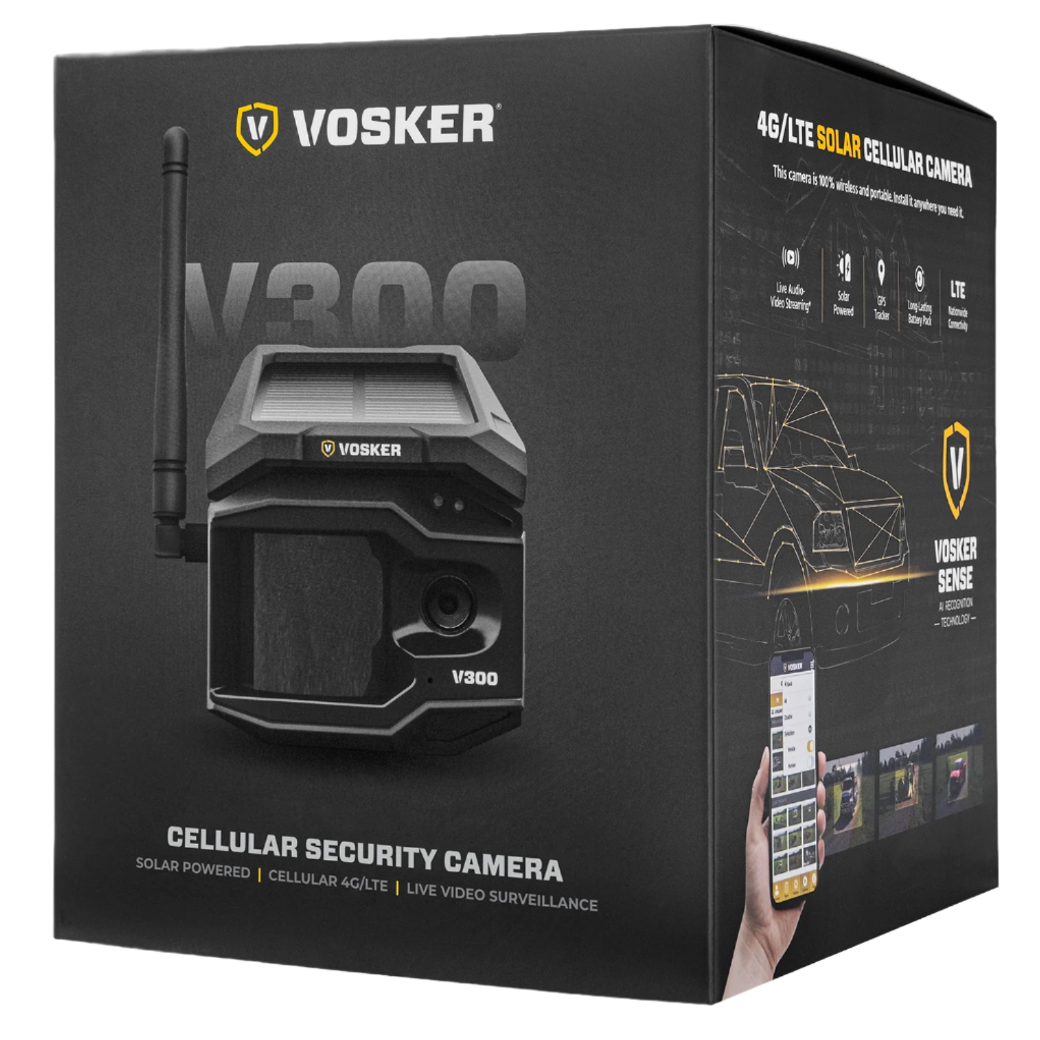 Retail packaging of Vosker V300 showcasing camera image, features, and mobile app integration