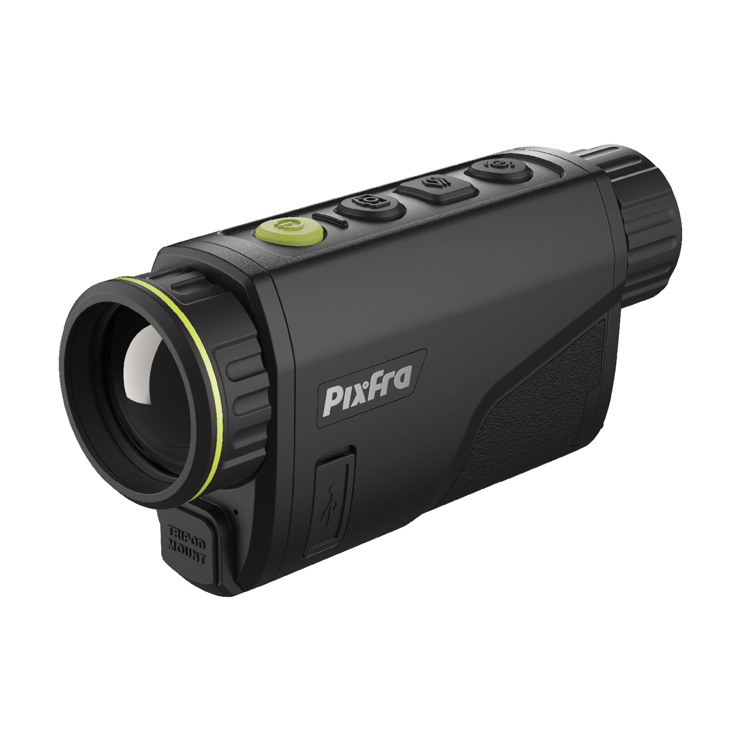 Angled view of the Arc monocular with soft edge contours and large control buttons.