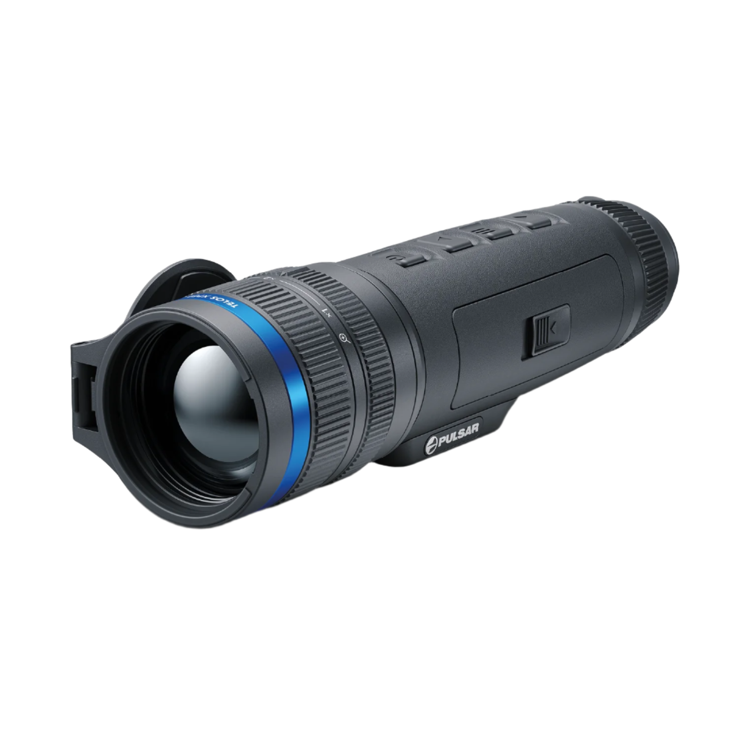 Angled product view of the thermal monocular, showcasing the prominent lens, blue accent ring, control buttons, side grip texture, and the integrated laser rangefinder housing with Pulsar branding.
