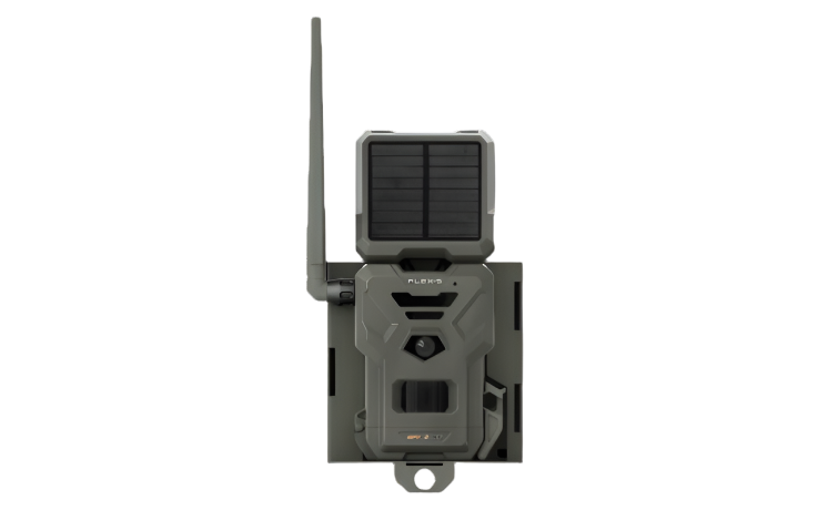 Front view of SPYPOINT Flex-S camera secured inside the SB-500S Security Box with full assembly and antenna