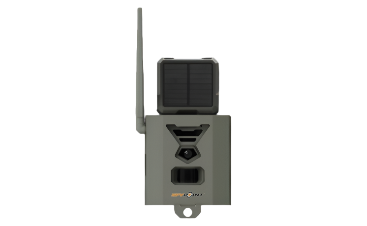 SPYPOINT SB-500S with Flex series camera mounted inside, front-facing view with solar panel and antenna visible