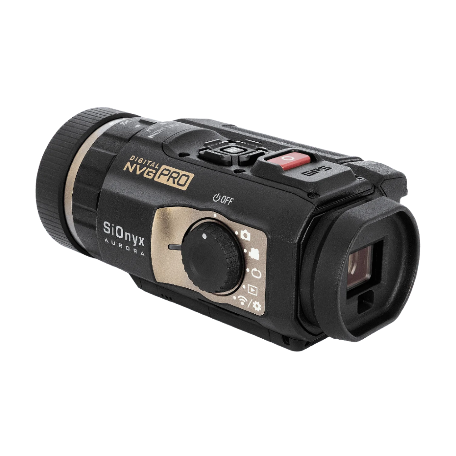 Angled front-right view of SiOnyx Aurora Pro highlighting the gold control panel and lens housing