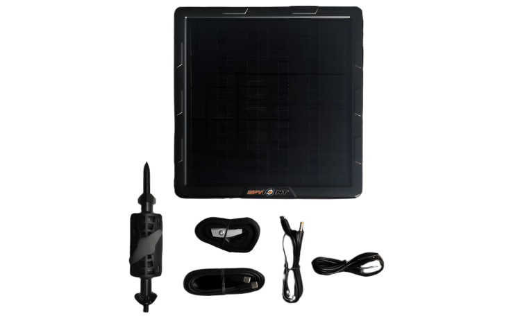 SPYPOINT SPLB-10 solar panel with included mounting hardware and charging cables on white background