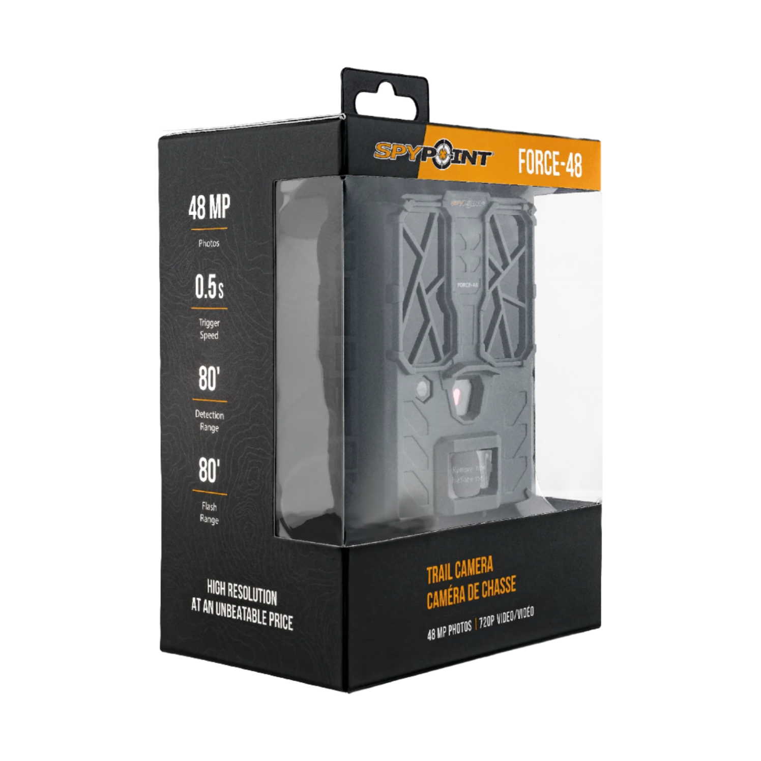 Angled packaging view of SPYPOINT Force-48 box showing key features