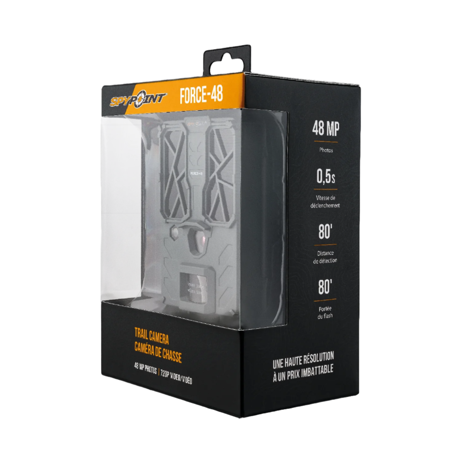Angled packaging view of SPYPOINT Force-48 camera box listing specs and product highlights