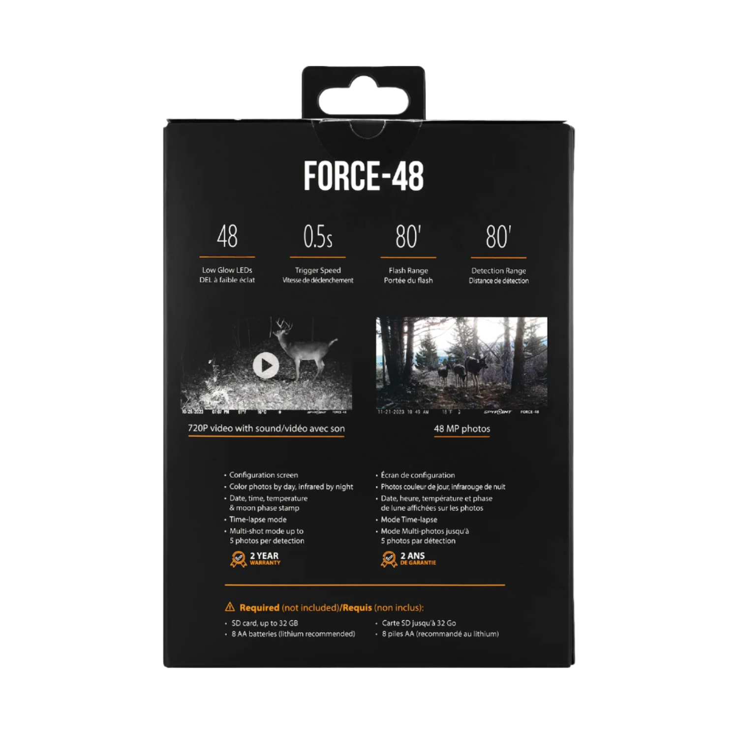 Rear packaging view of SPYPOINT Force-48 camera box listing specs and product highlights
