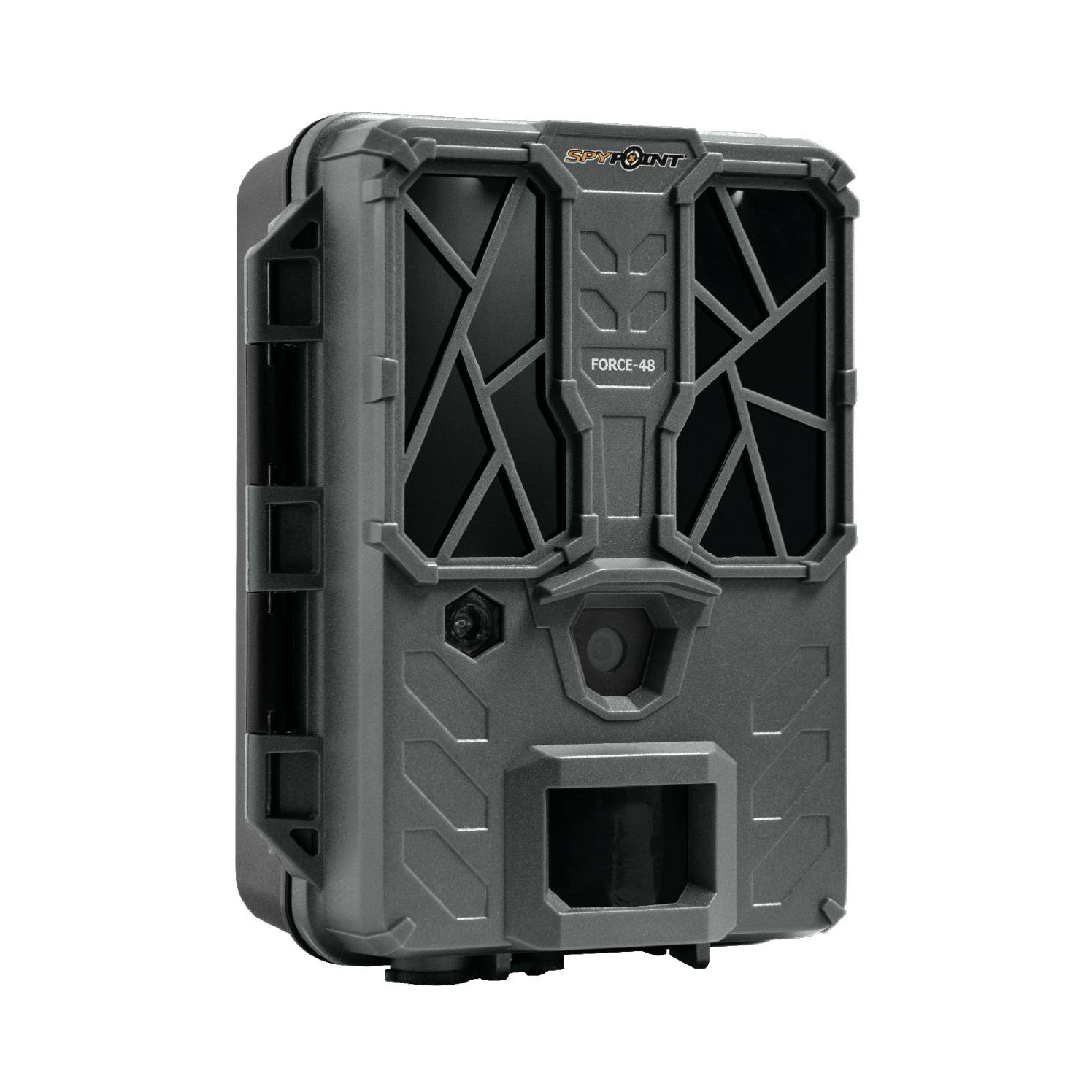 Angled front-left view of SPYPOINT Force-48 showing rugged casing and branding