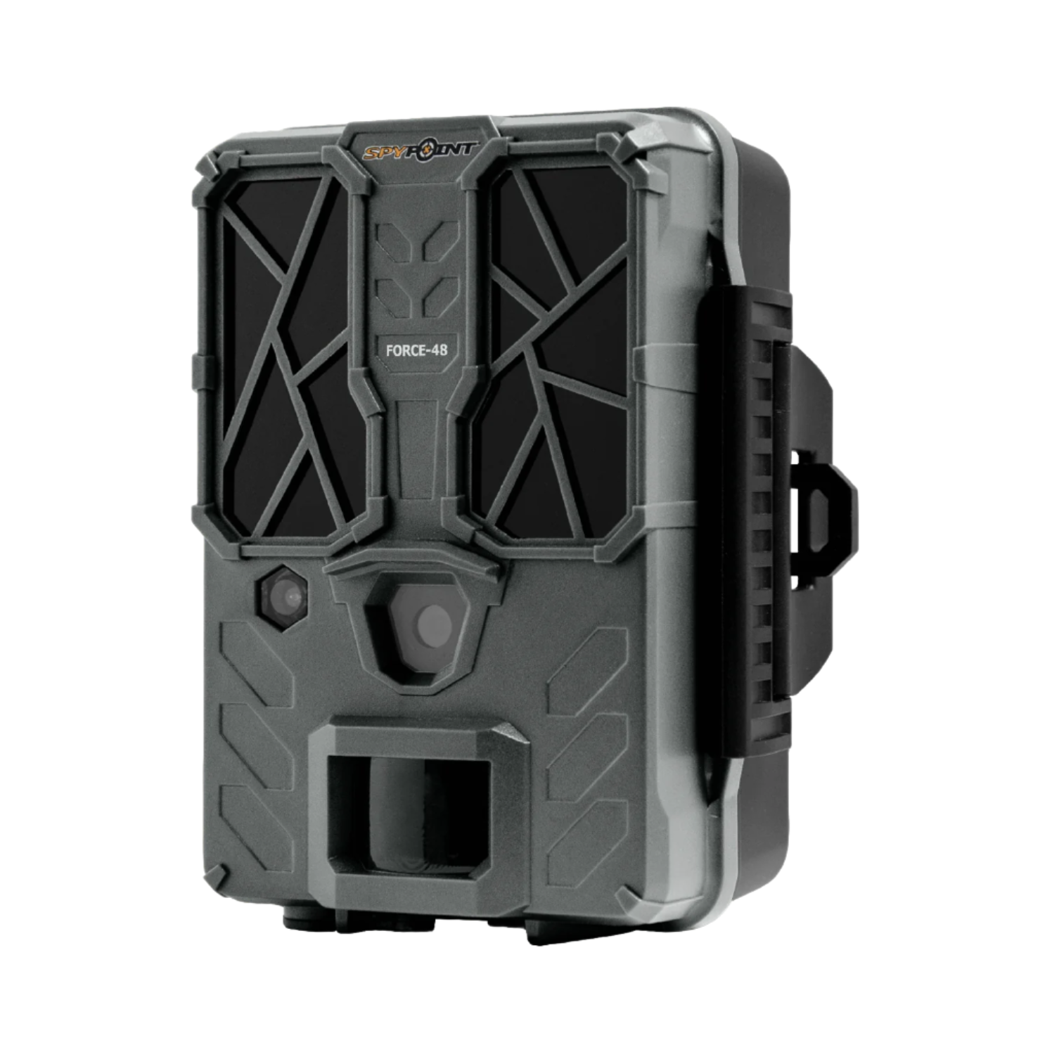Angled front-right view of SPYPOINT Force-48 camera with lens, LEDs, and textured surface
