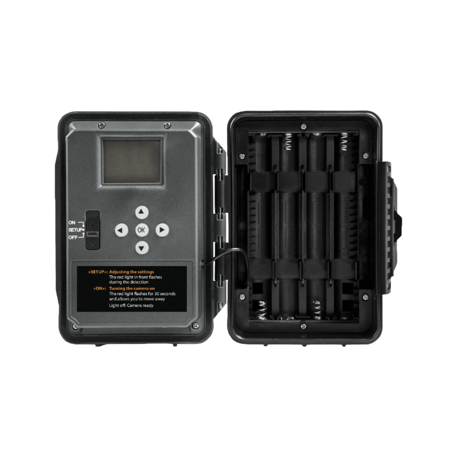 Open view of SPYPOINT Force-48 camera showing screen, control buttons, and battery tray