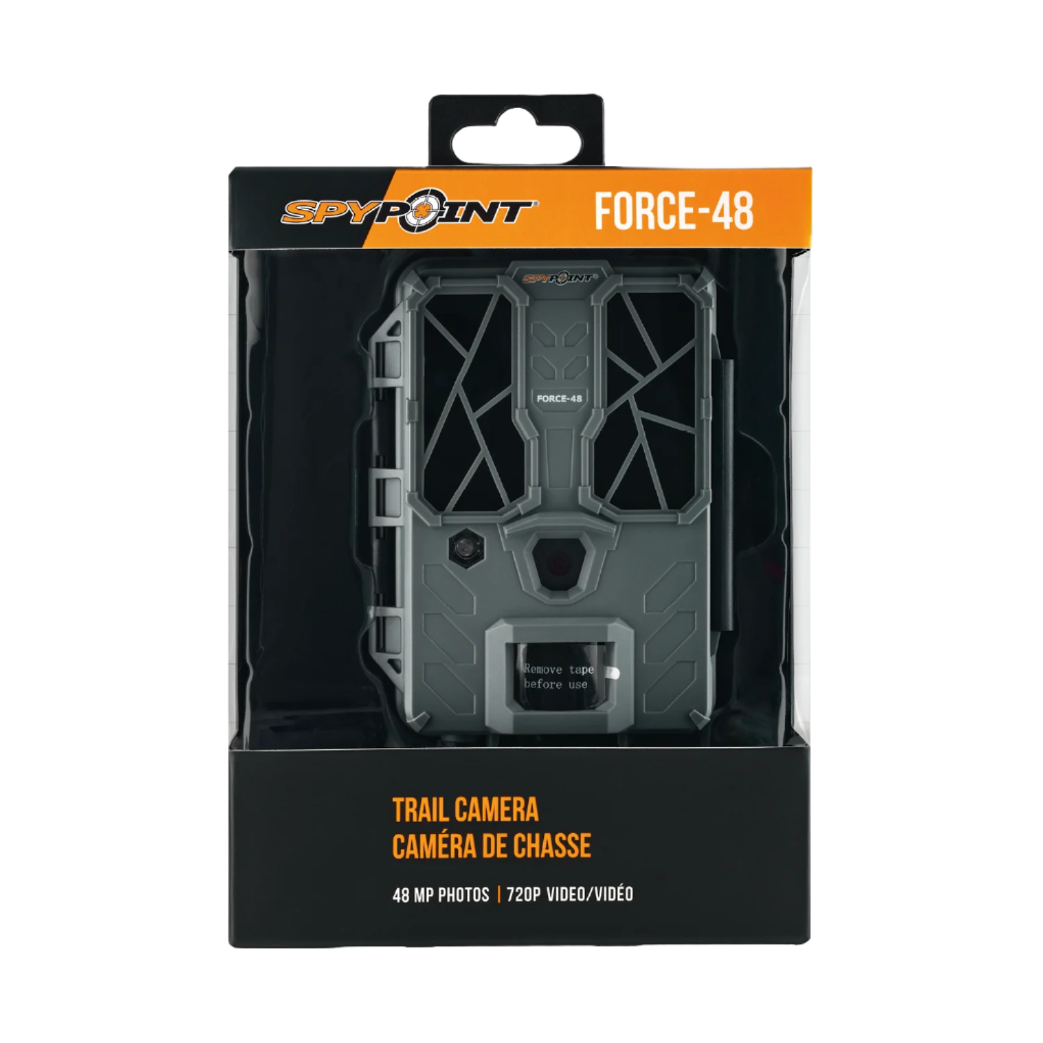 Retail packaging of SPYPOINT Force-48 camera with orange header and clear branding