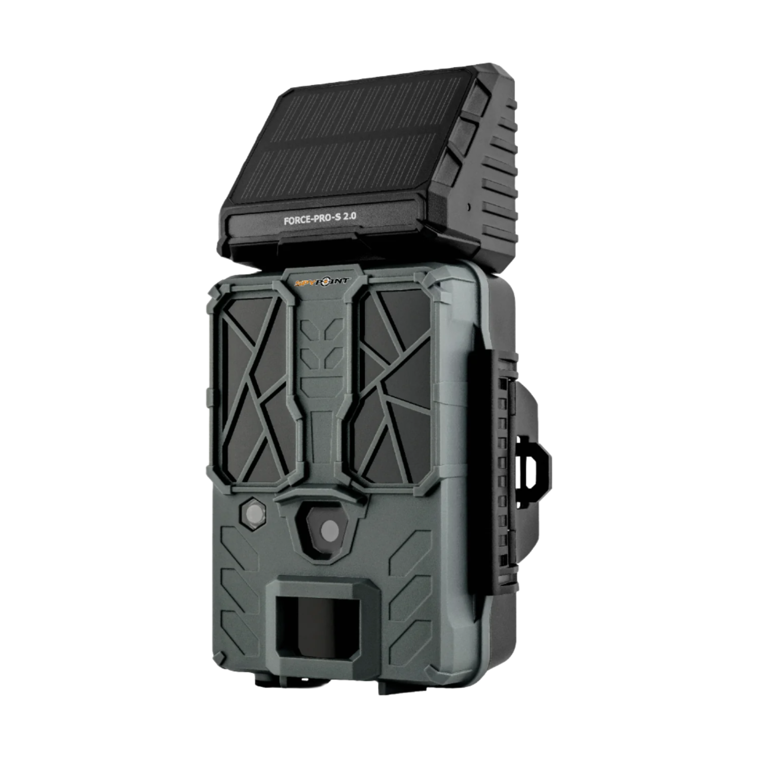 Right angled view of SPYPOINT Force-Pro-S 2.0 with lens, LEDs, and solar panel visible