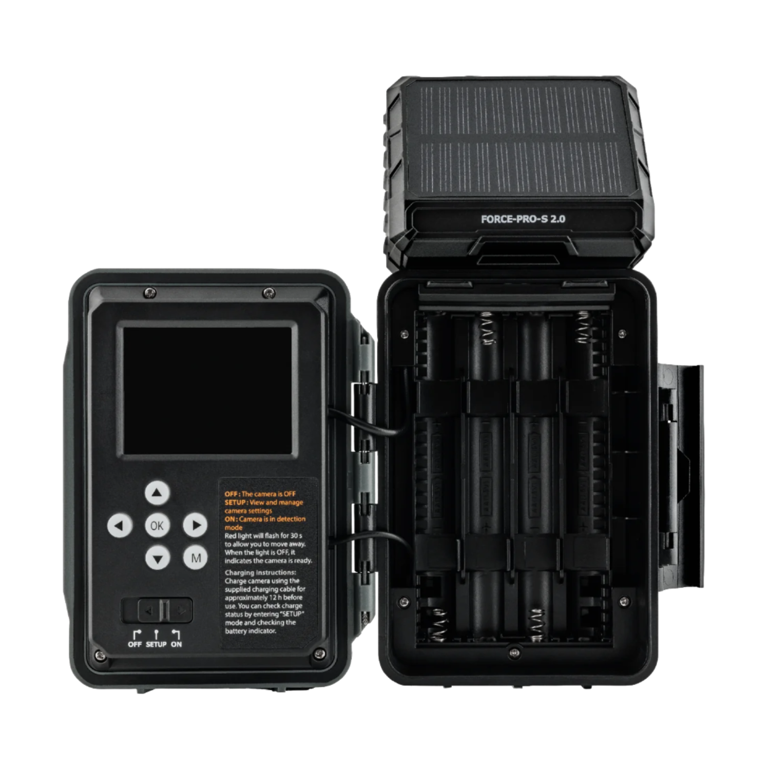 Open view of SPYPOINT Force-Pro-S 2.0 showing screen, control buttons, and battery tray