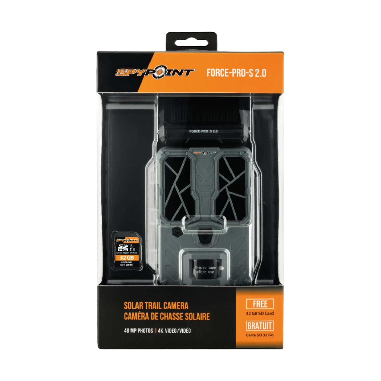 Retail packaging of SPYPOINT Force-Pro-S 2.0 in front-facing box with orange header