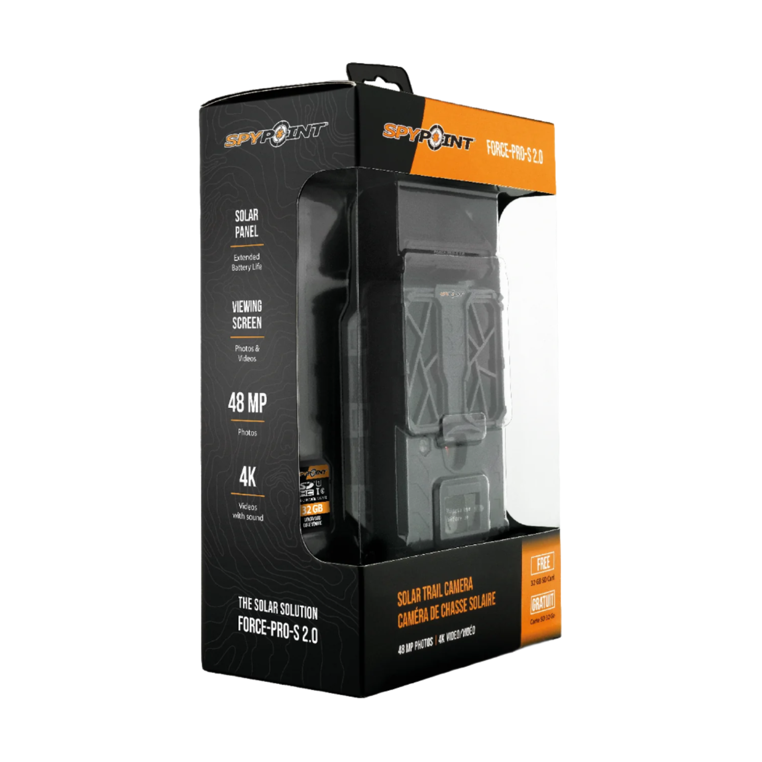 Angled retail packaging of SPYPOINT Force-Pro-S 2.0 showing 4K and solar branding