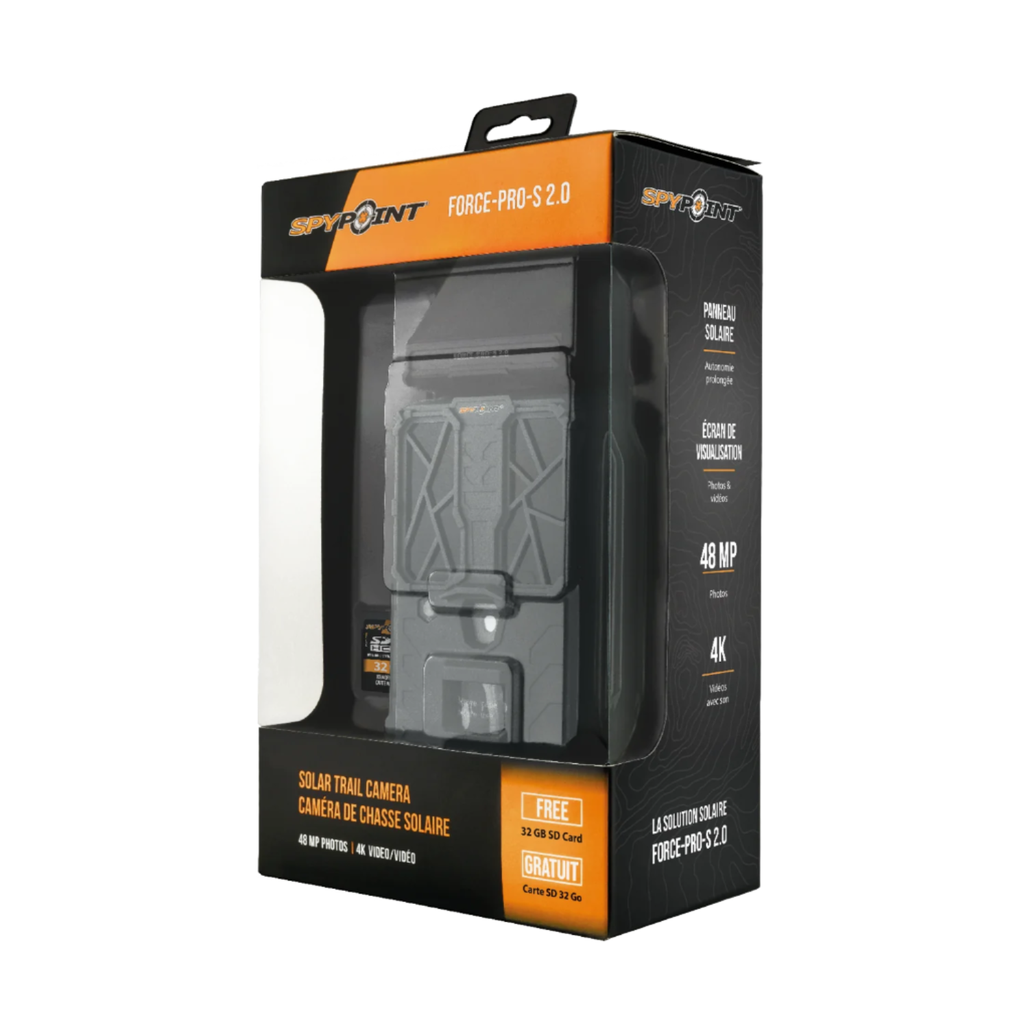 Side view of SPYPOINT Force-Pro-S 2.0 retail box with camera visible through window
