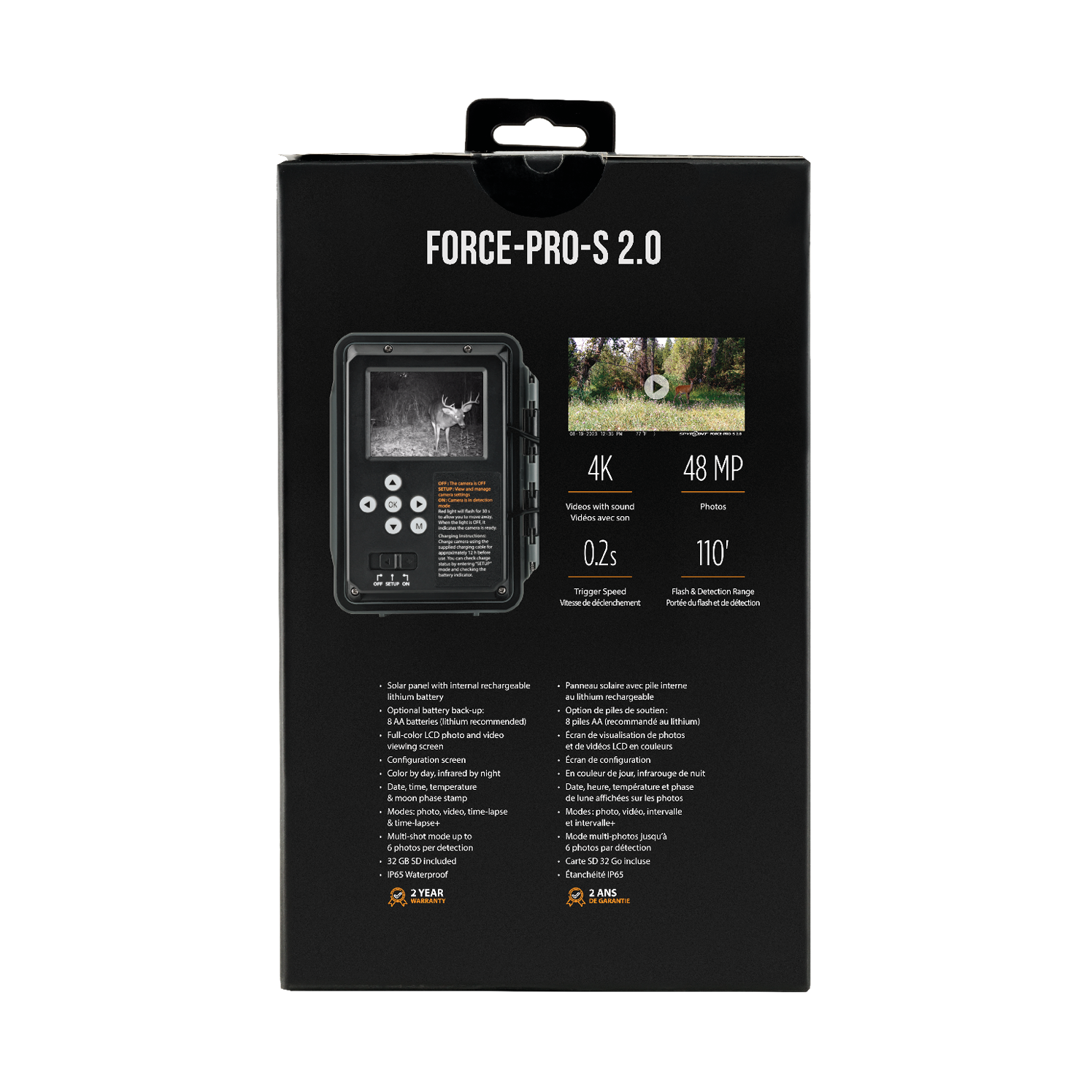 Back view of SPYPOINT Force-Pro-S 2.0 packaging highlighting features and specs