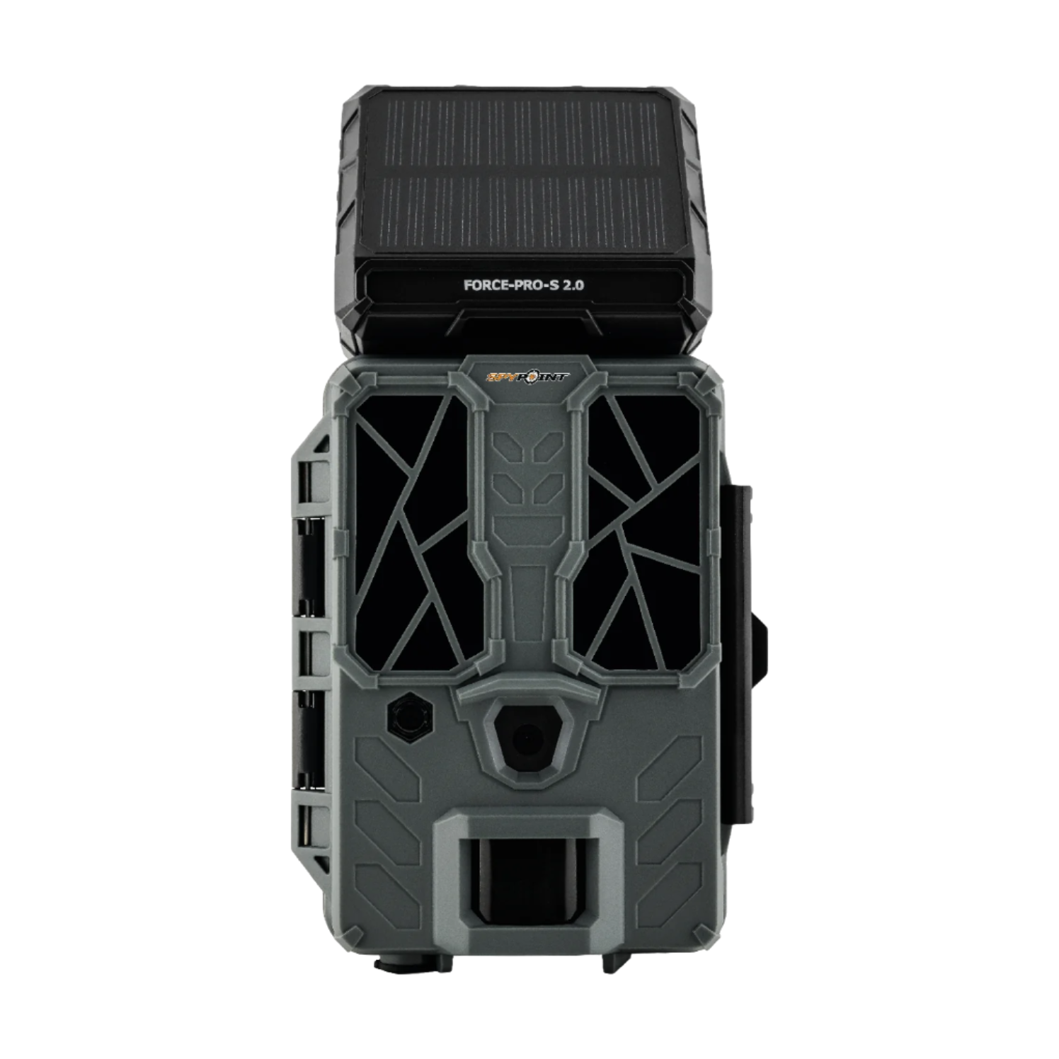 Front view of SPYPOINT Force-Pro-S 2.0 trail camera with integrated solar panel and sensor layout