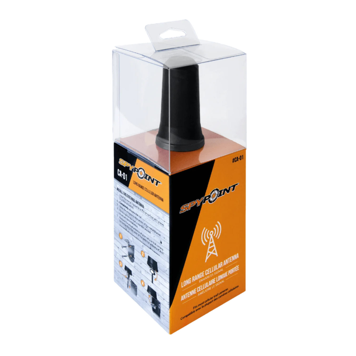 Retail packaging of SPYPOINT CA-01 Long Range Antenna with clear plastic display box and orange branding