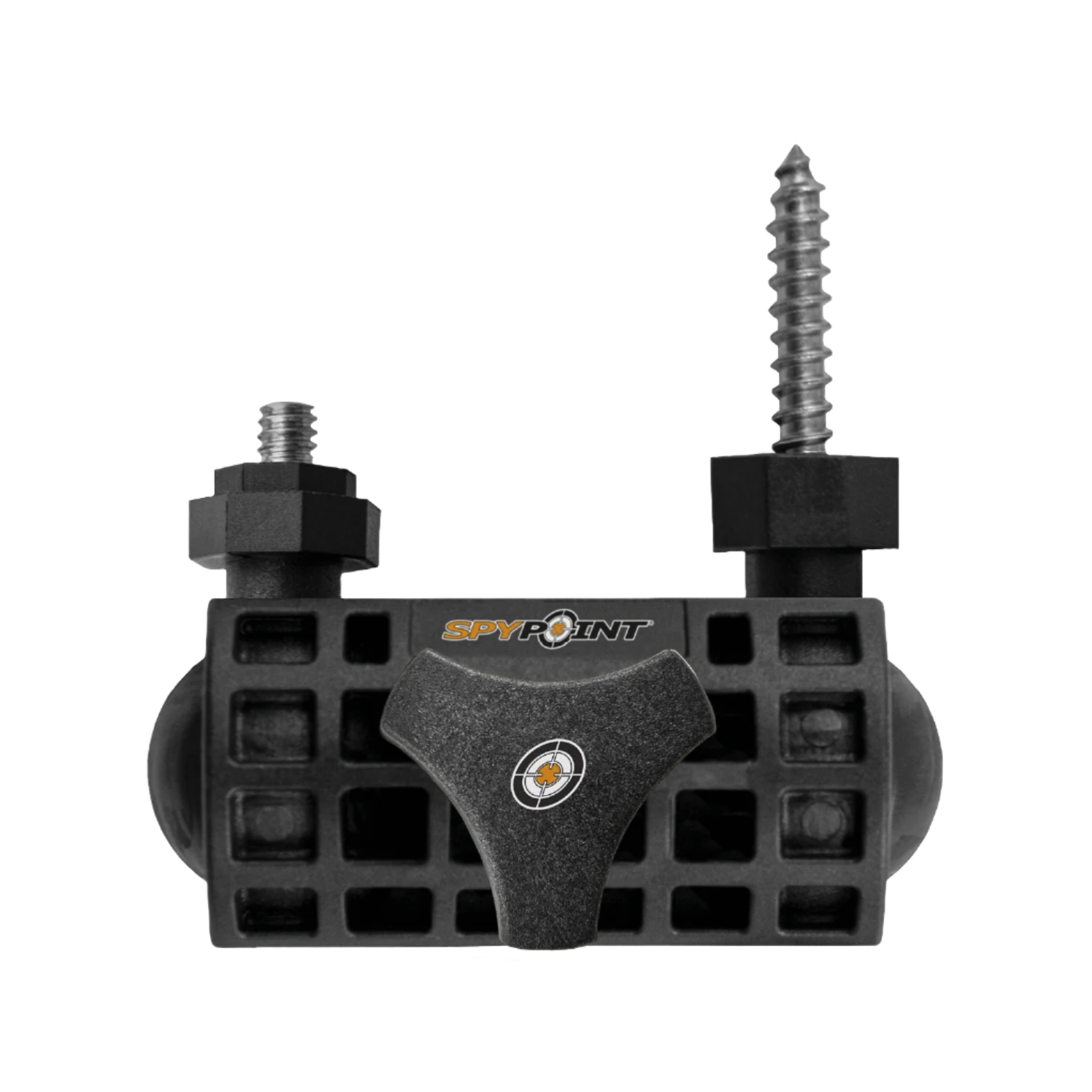 Front view of SPYPOINT MA-500 Mounting Arm showing brand logo and dual-threaded design