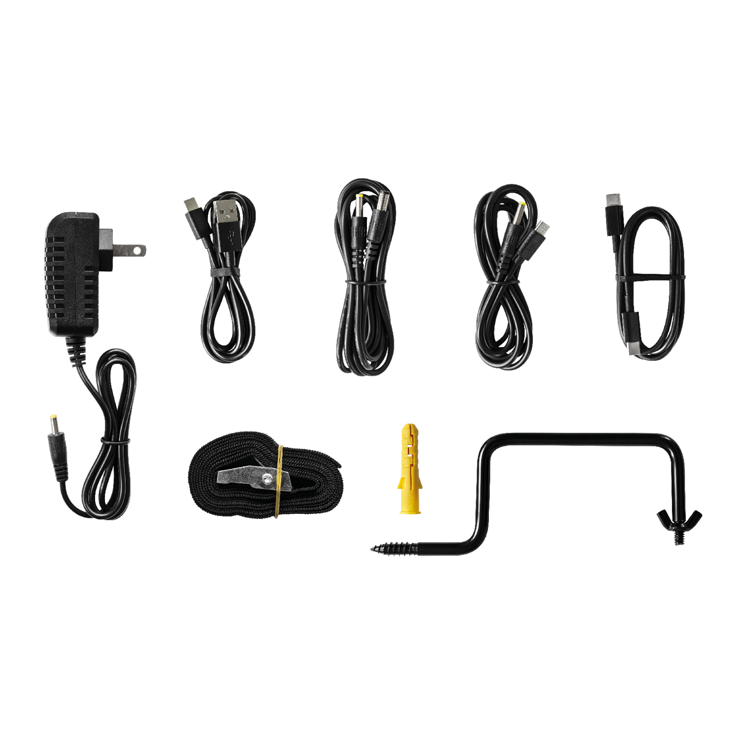 Full kit contents with SPYPOINT SPLB-22 panel, cables, power adapter, mount, and hardware