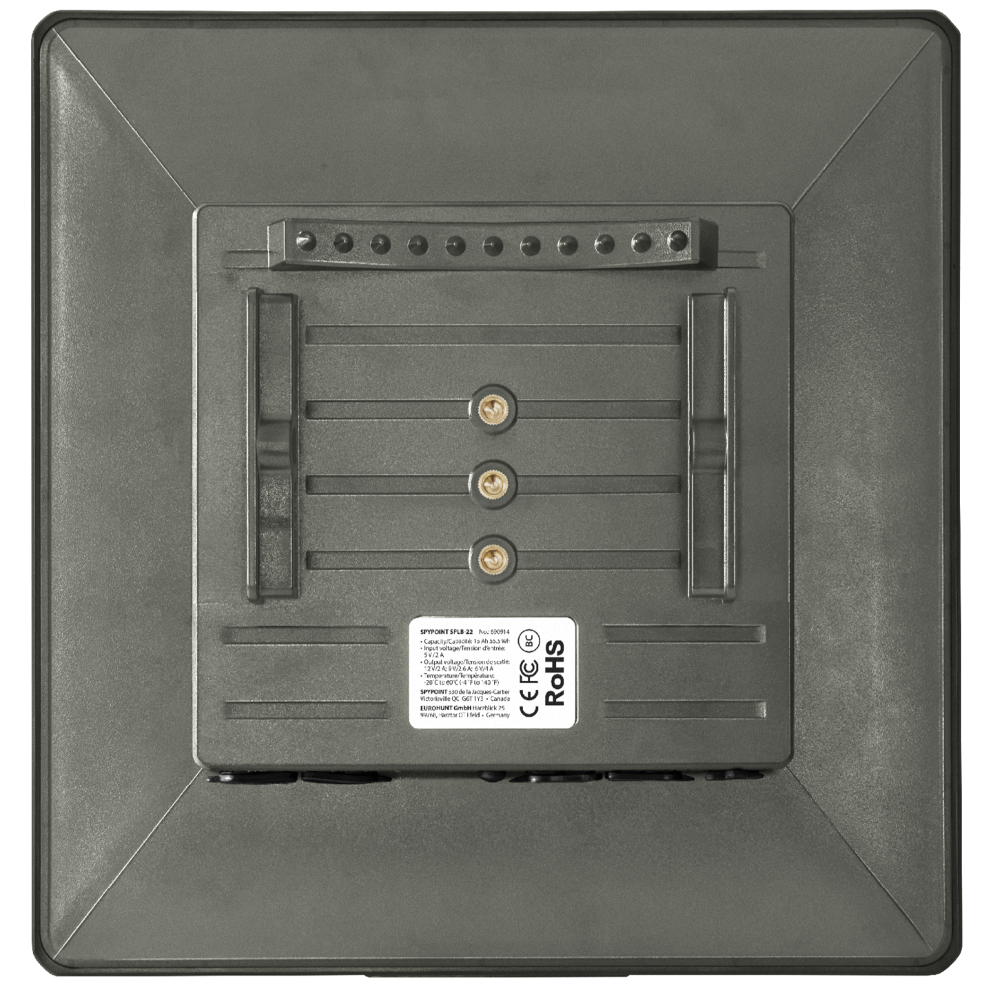 Rear view of SPYPOINT SPLB-22 showing mounting plate and connection ports
