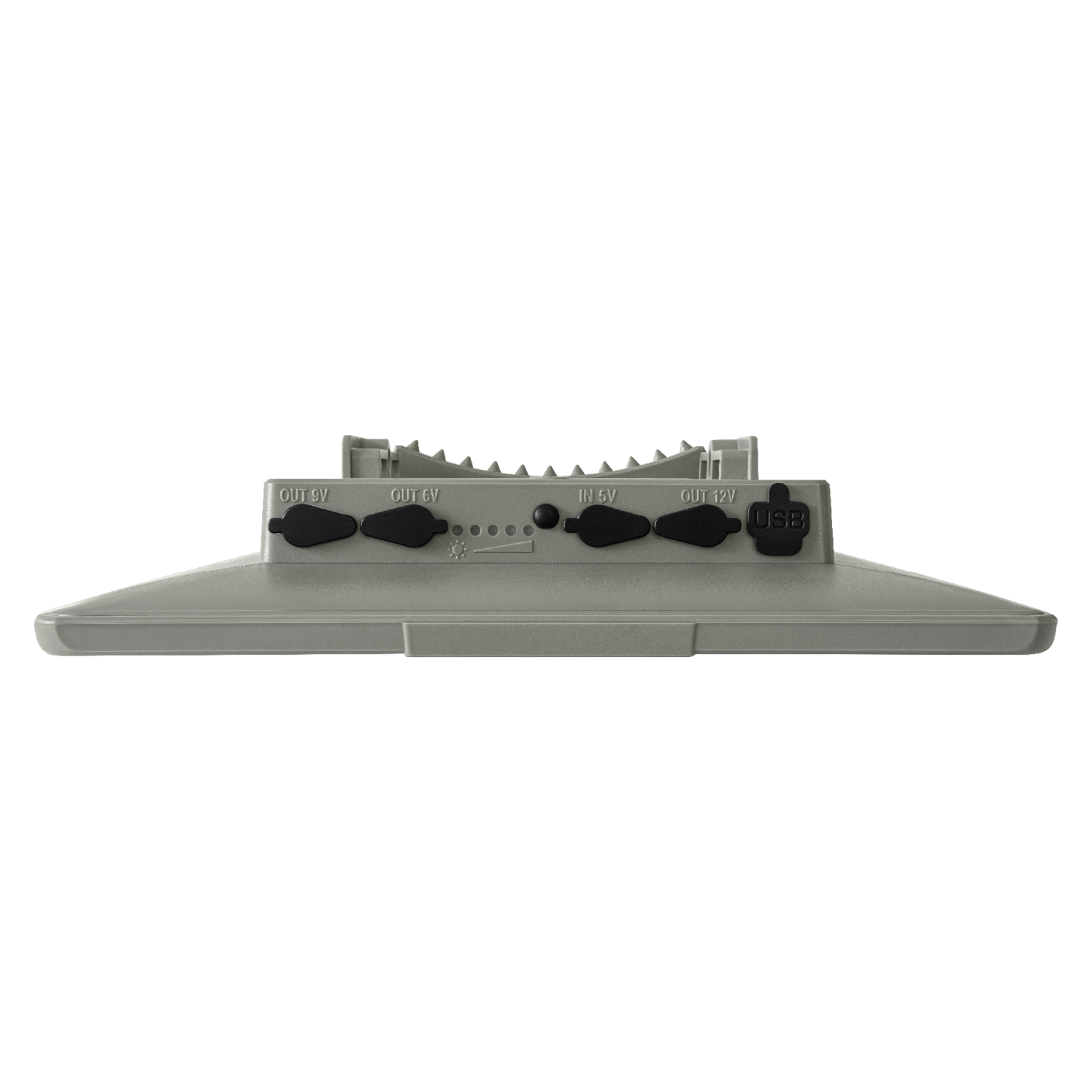 Bottom view of SPYPOINT SPLB-22 solar panel showing labeled power input and output ports, including USB, 9V, 6V, 5V, and 12V connections, isolated on transparent
