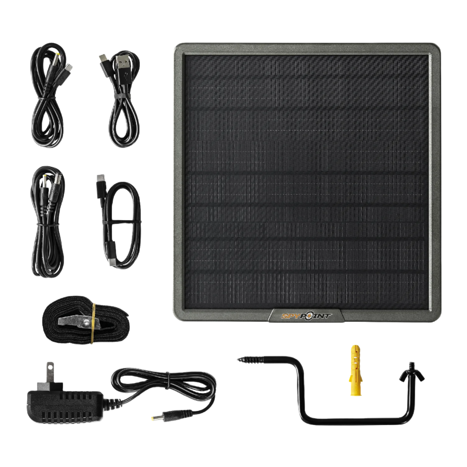 SPYPOINT SPLB-22 panel with all accessories laid out flat including charger, screws, and bracket