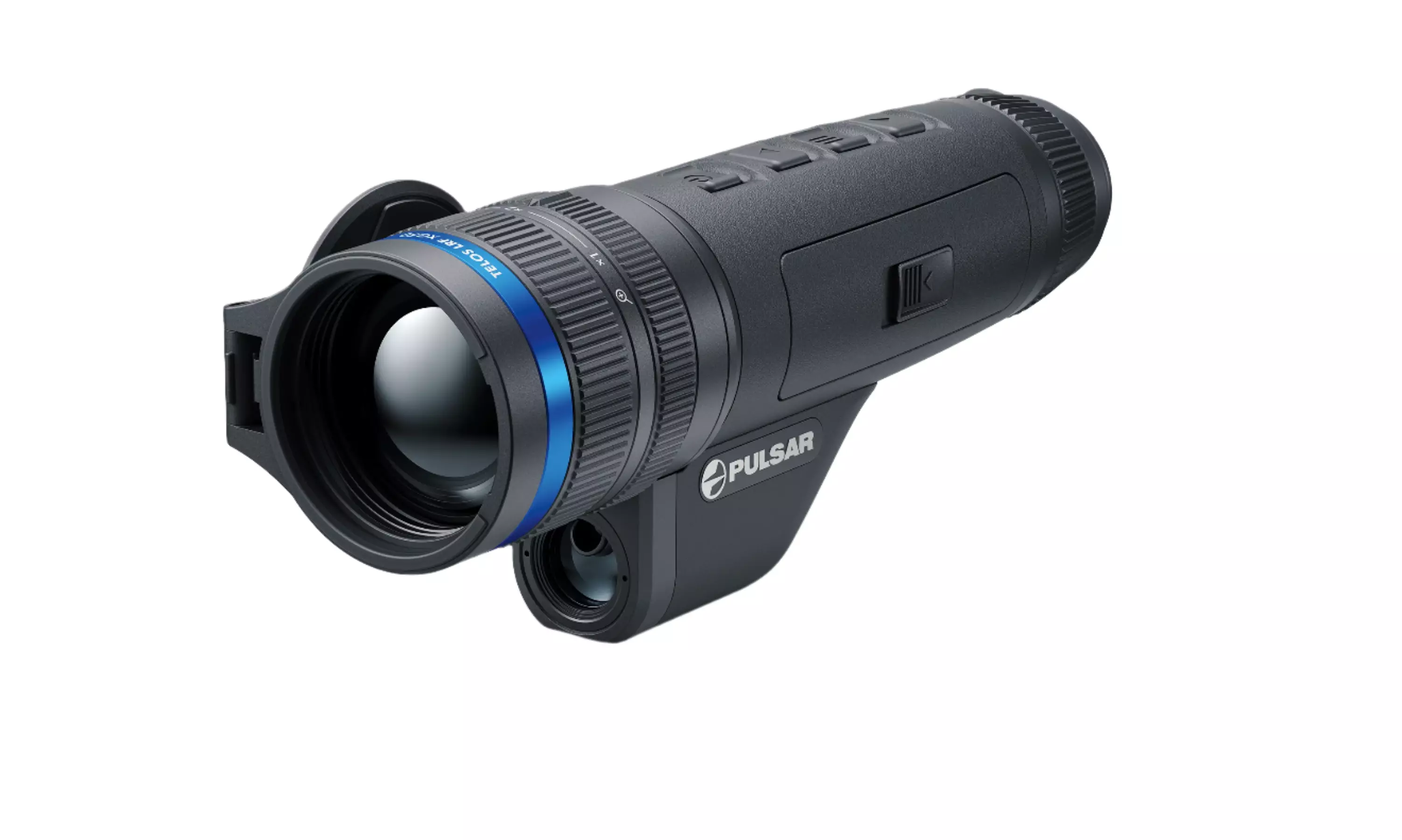 Angled front view of the thermal monocular, highlighting the large objective lens, laser rangefinder sensor, side-mounted focusing ring, and ergonomic button layout on the top housing.